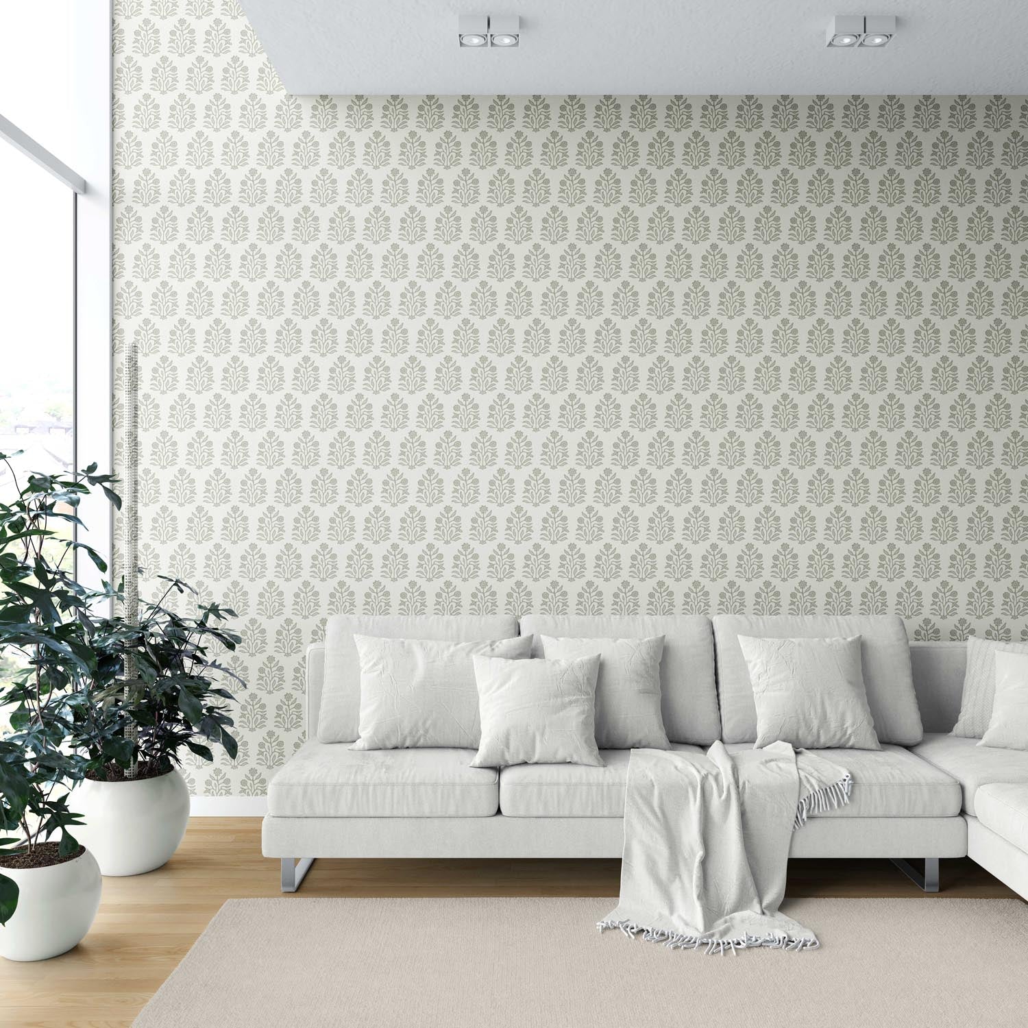 Vintage-Inspired Floral Block Print Shower Toilet Wallpaper (Olive Green/ Cream)
