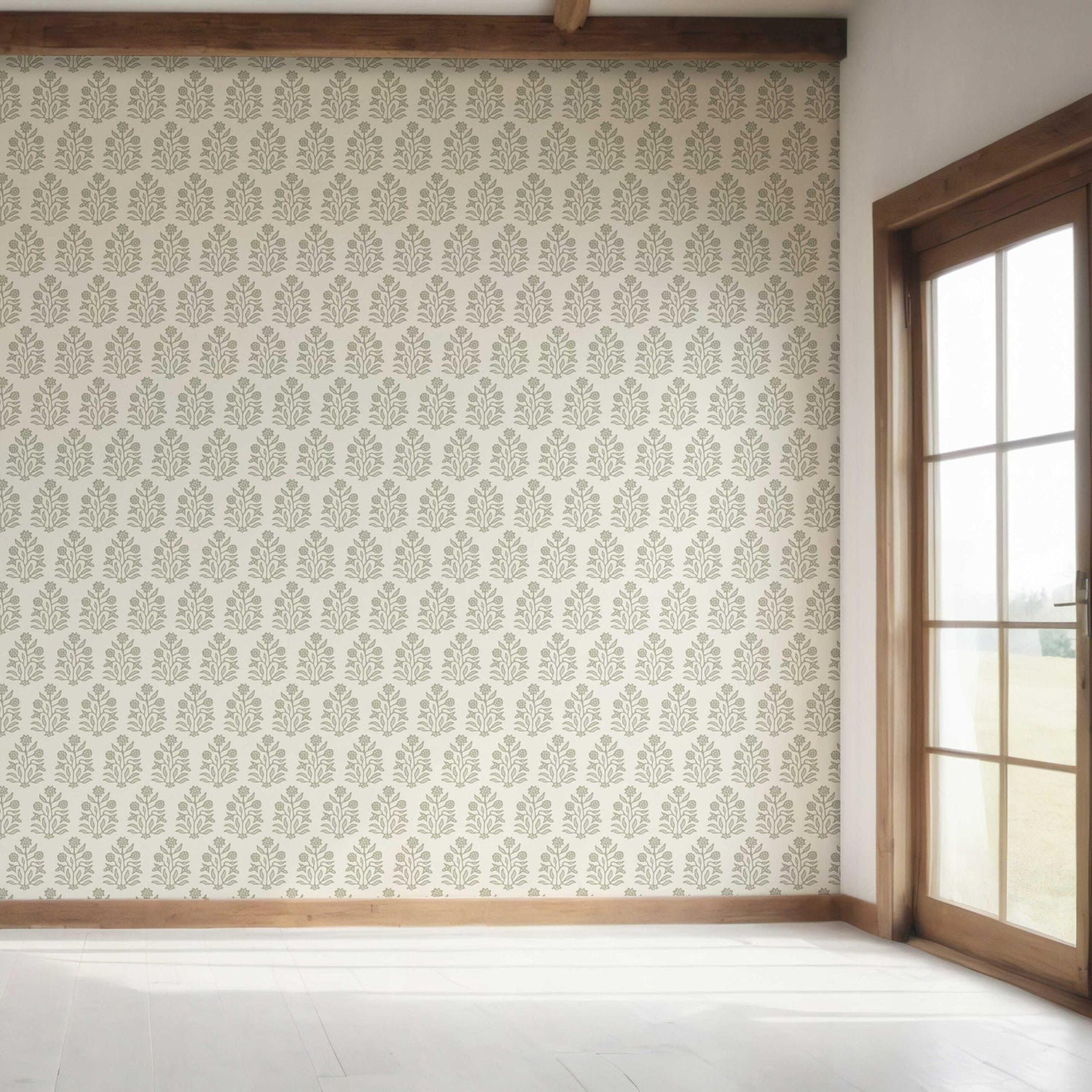 Vintage-Inspired Floral Block Print Bedroom Wallpaper (Olive Green/ Cream)