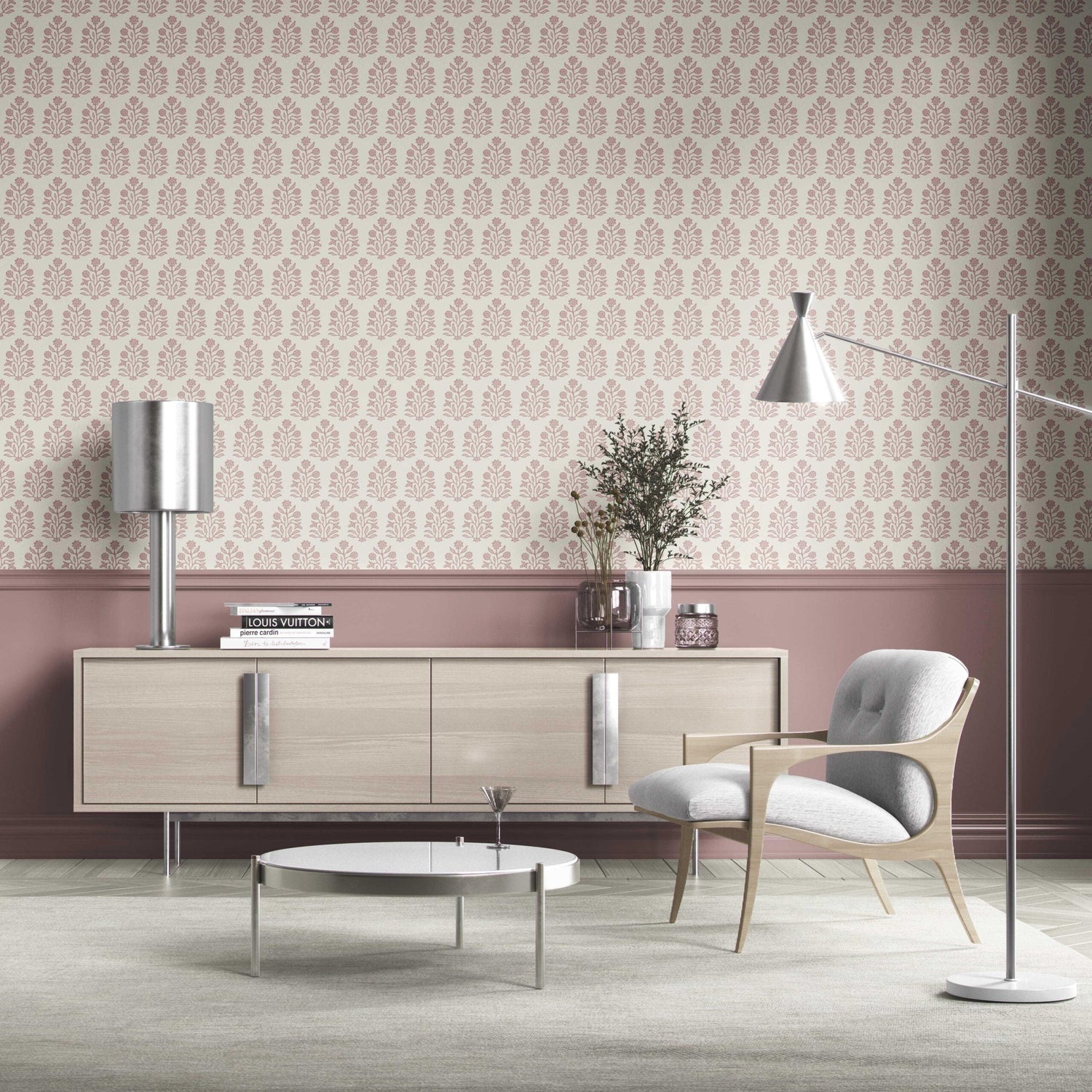 Vintage-Inspired Floral Block Print Kitchen Wallpaper (Pink/ Cream)