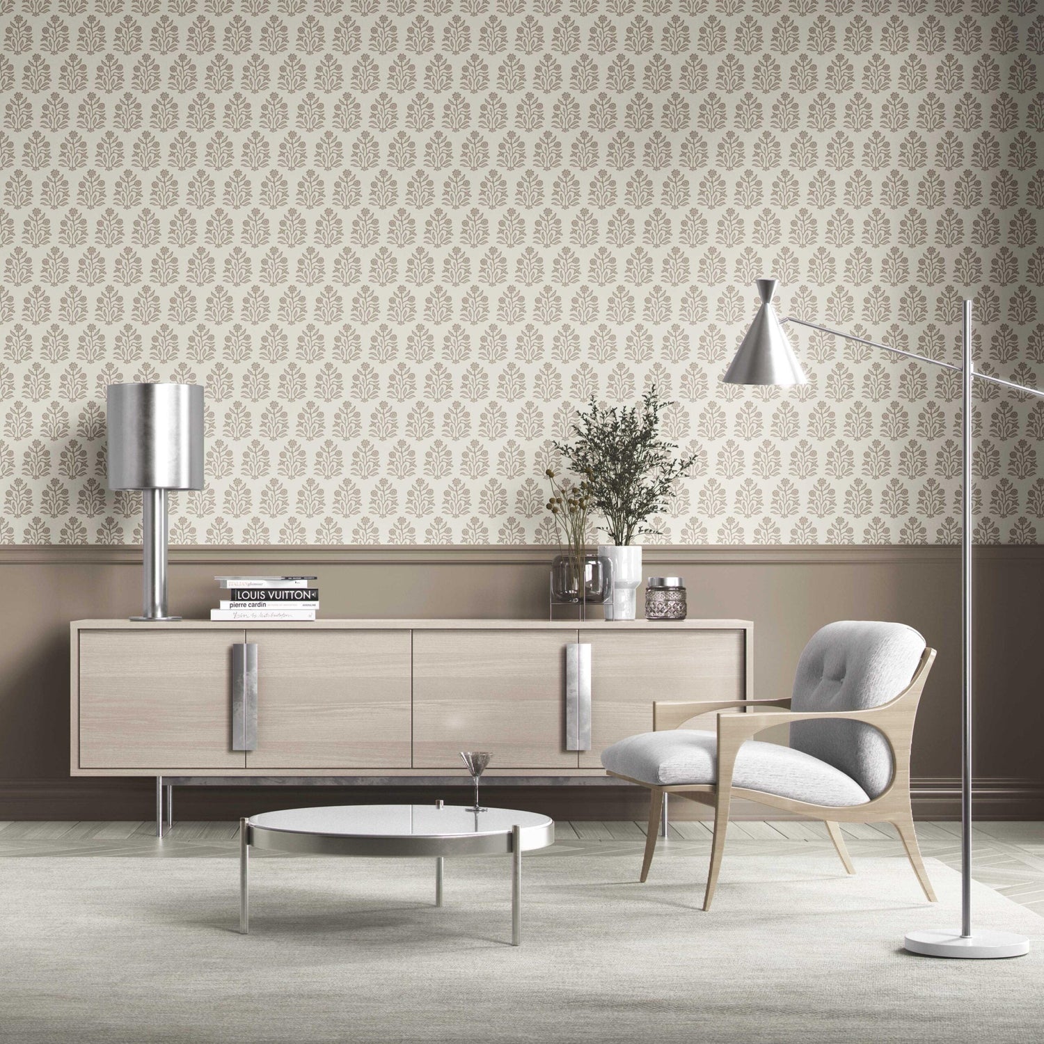 Neutral-Toned Botanical Floral Block Print Kitchen Wallpaper (Brown/ Beige/ Cream)