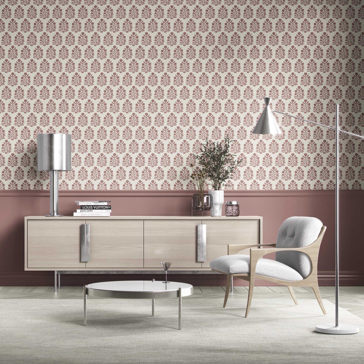 Vintage-Inspired Floral Block Print Kitchen Wallpaper (Mauve Pink/ Cream)