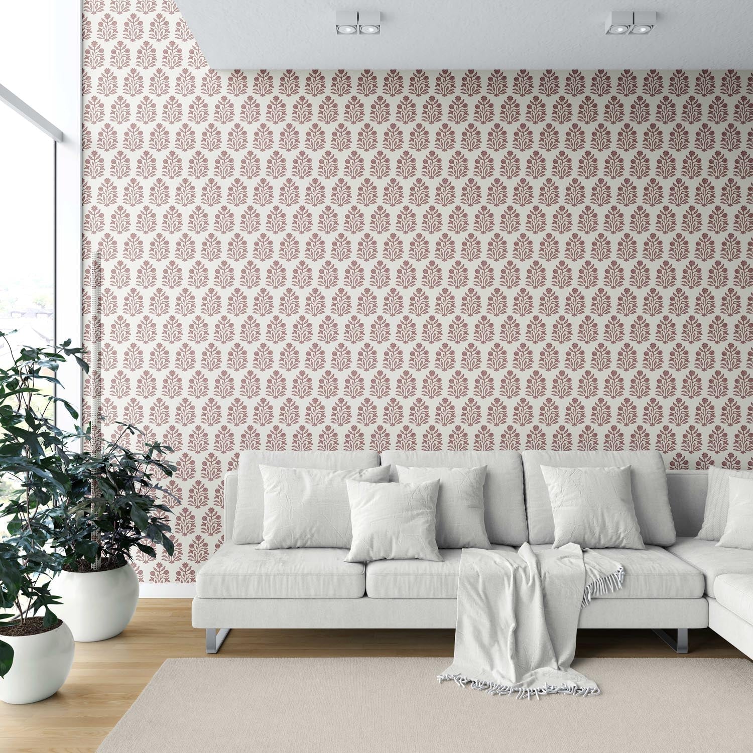 Vintage-Inspired Floral Block Print Shower Toilet Wallpaper (Mauve Pink/ Cream)