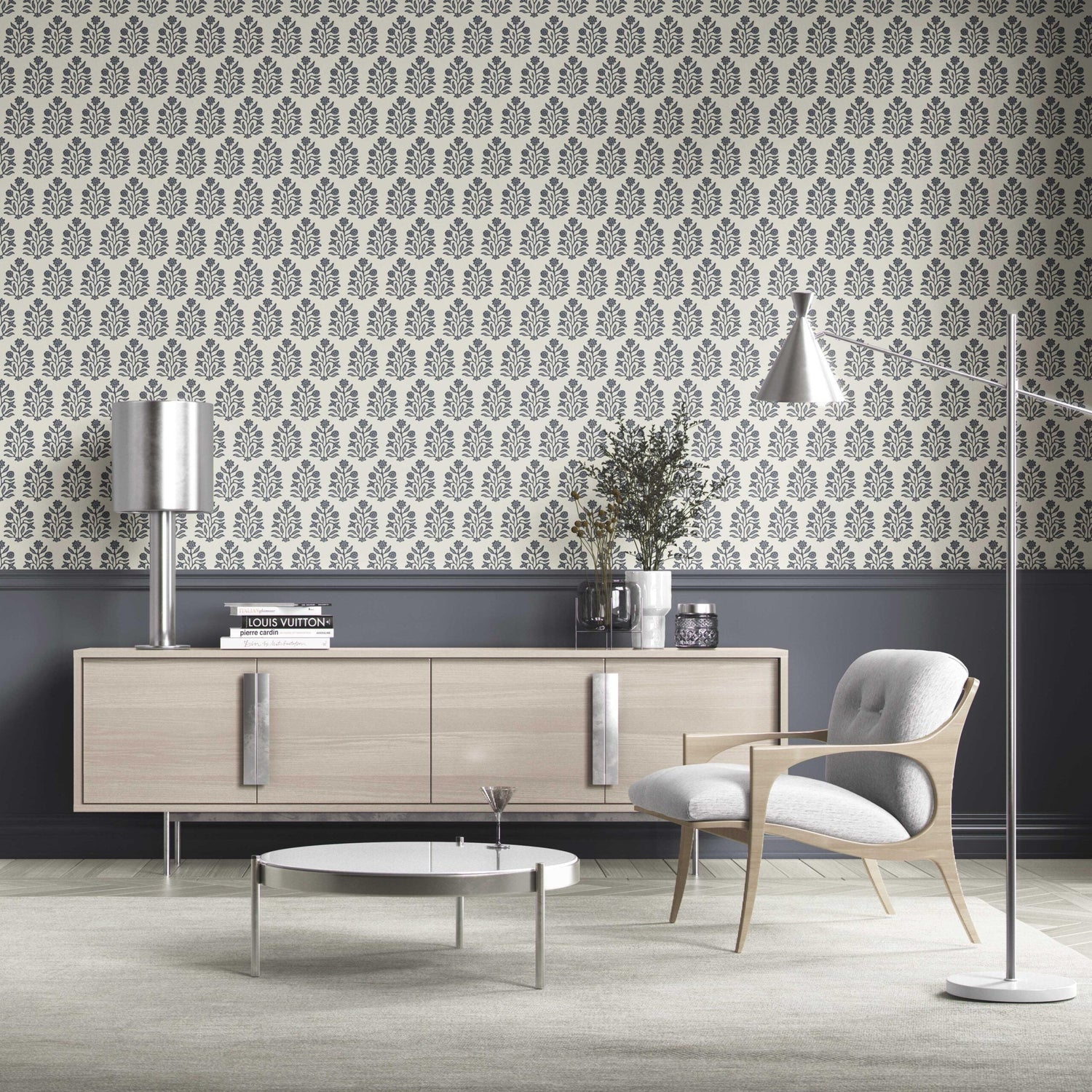 Vintage-Inspired Floral Block Print Kitchen Wallpaper (Navy Blue/ Cream)