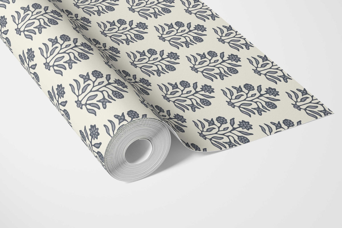 Vintage-Inspired Floral Block Print Bathroom Wallpaper (Navy Blue/ Cream)