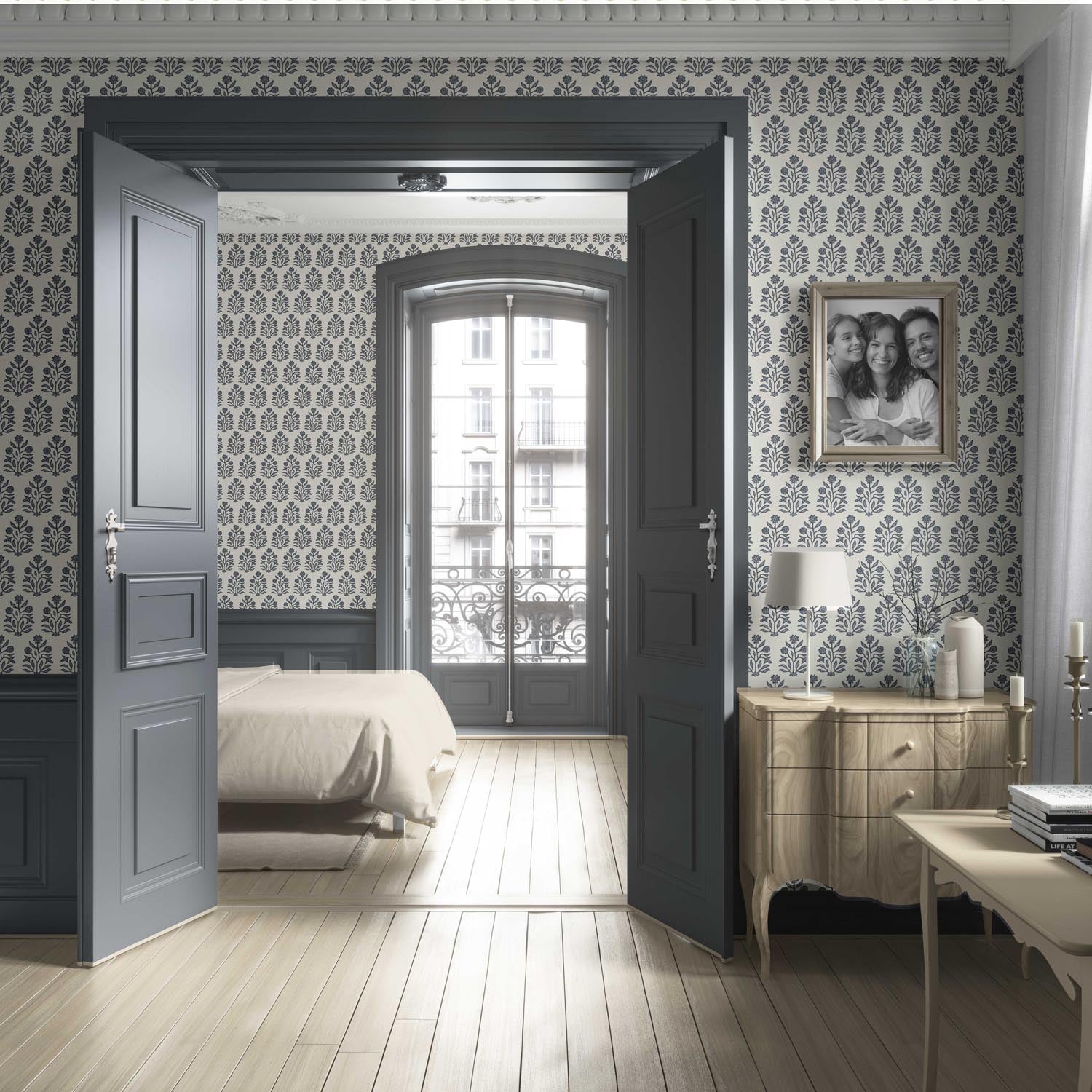 Vintage-Inspired Floral Block Print Living Room Wallpaper (Navy Blue/ Cream)
