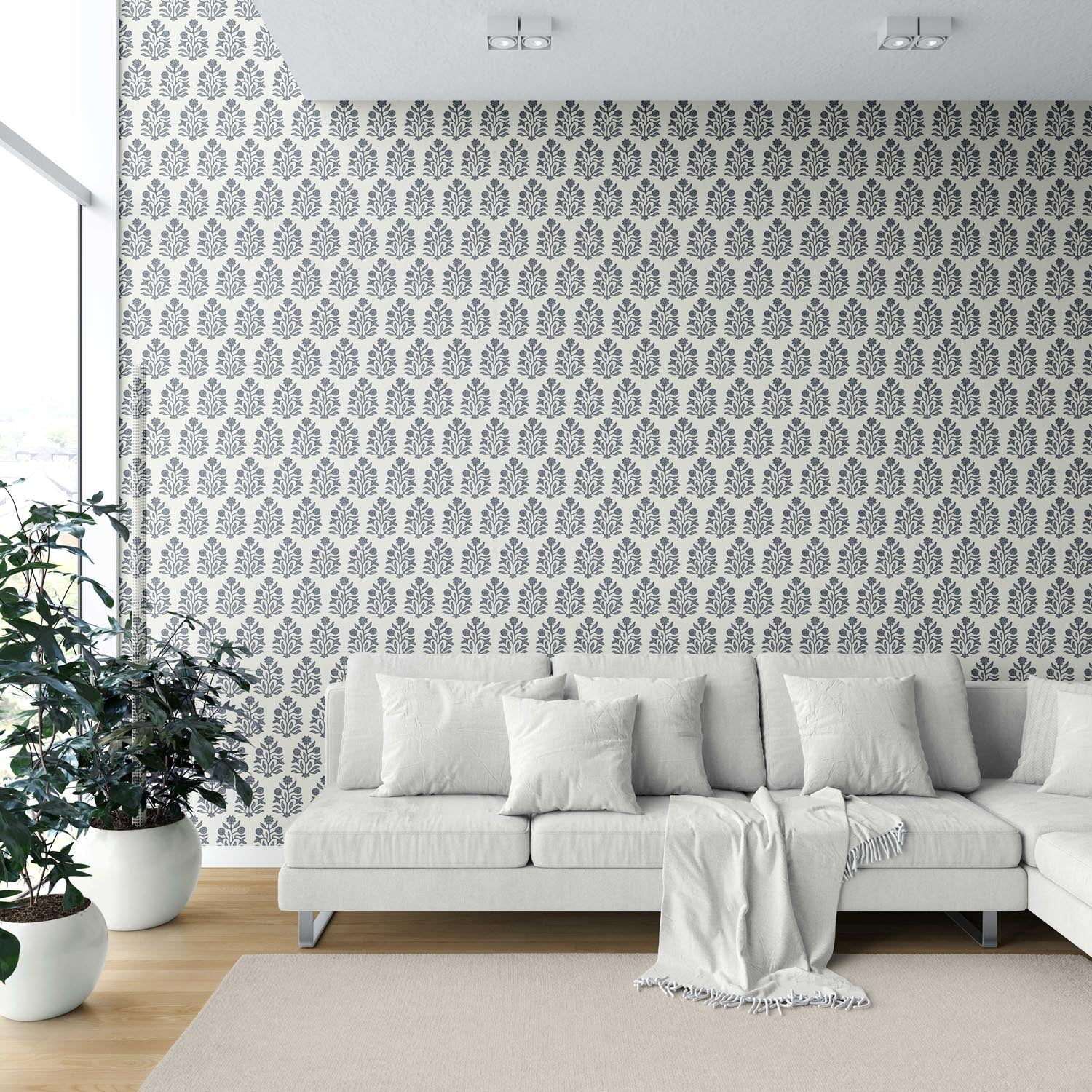 Vintage-Inspired Floral Block Print Shower Toilet Wallpaper (Navy Blue/ Cream)