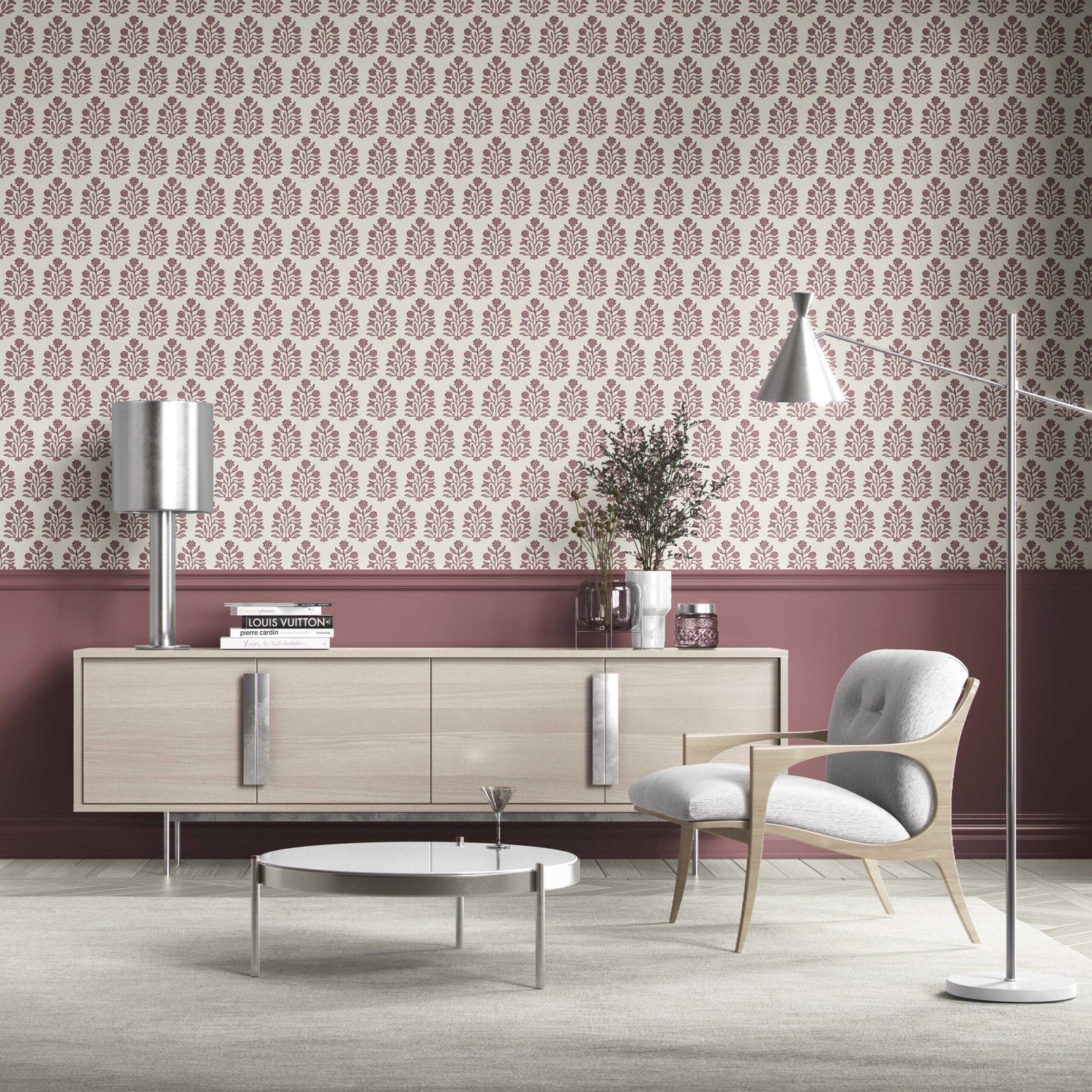Vintage-Inspired Floral Block Print Kitchen Wallpaper (Deep Pink/ Cream)