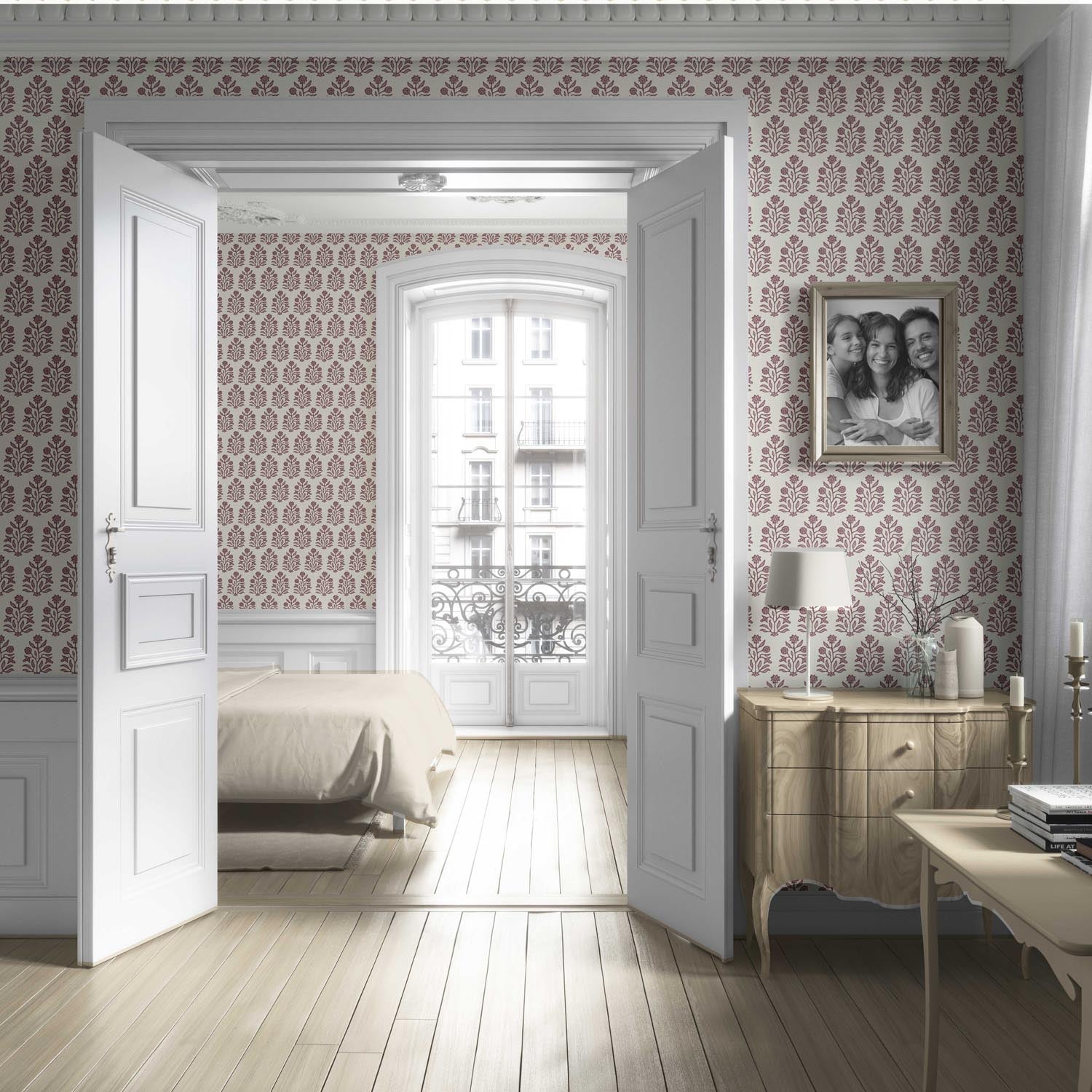 Vintage-Inspired Floral Block Print Living Room Wallpaper (Deep Pink/ Cream)