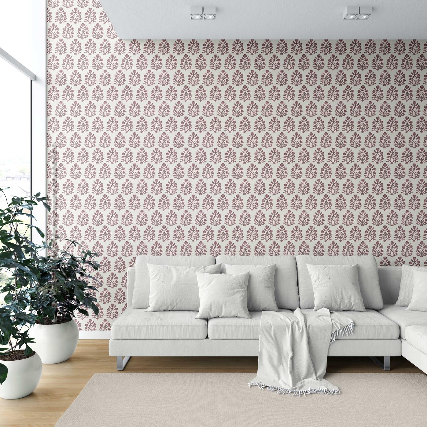 Vintage-Inspired Floral Block Print Shower Toilet Wallpaper (Deep Pink/ Cream)