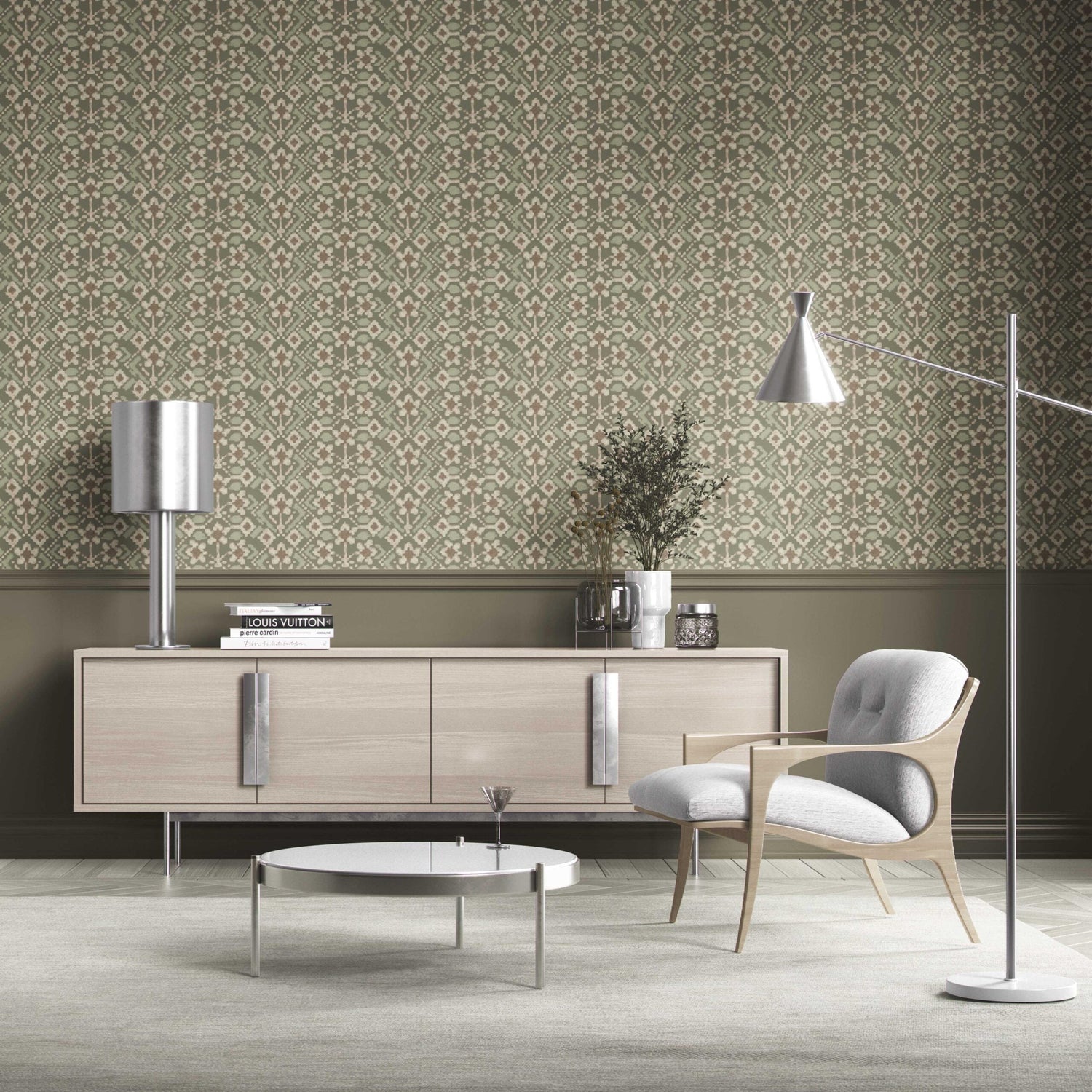 Modern Botanical Floral Kitchen Wallpaper (Olive Green/ Beige)