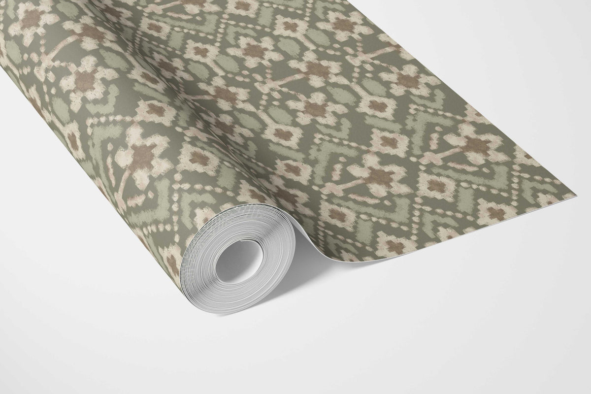 Modern Botanical Floral Bathroom Wallpaper (Olive Green/ Beige)