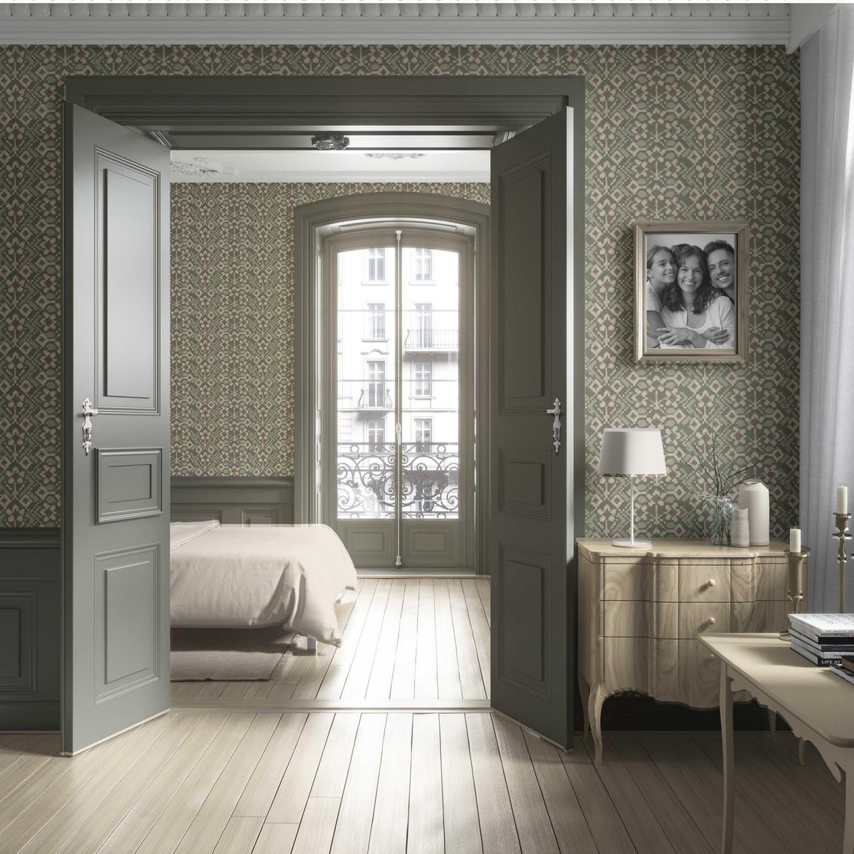 Modern Botanical Floral Living Room Wallpaper (Olive Green/ Beige)