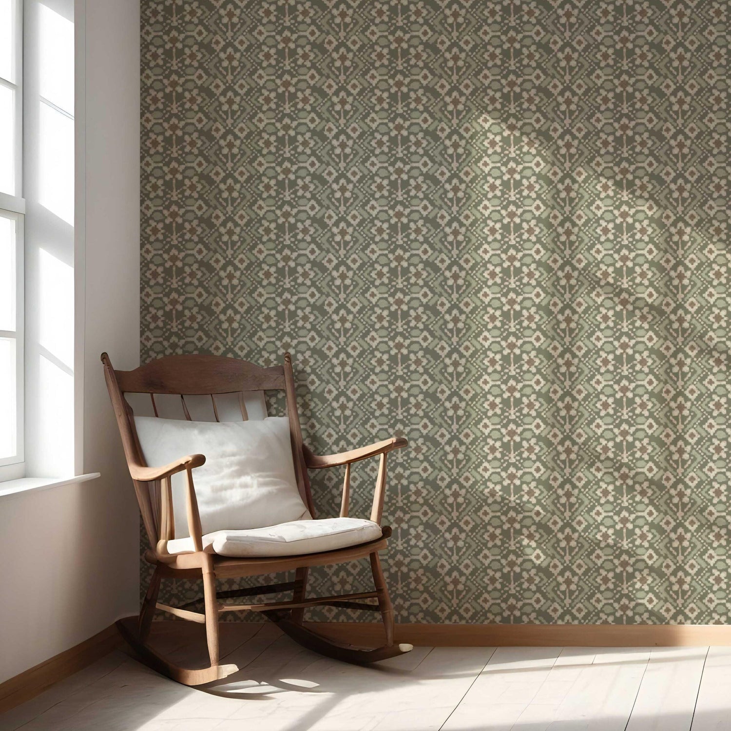 Modern Botanical Floral Nursery Wallpaper (Olive Green/ Beige)