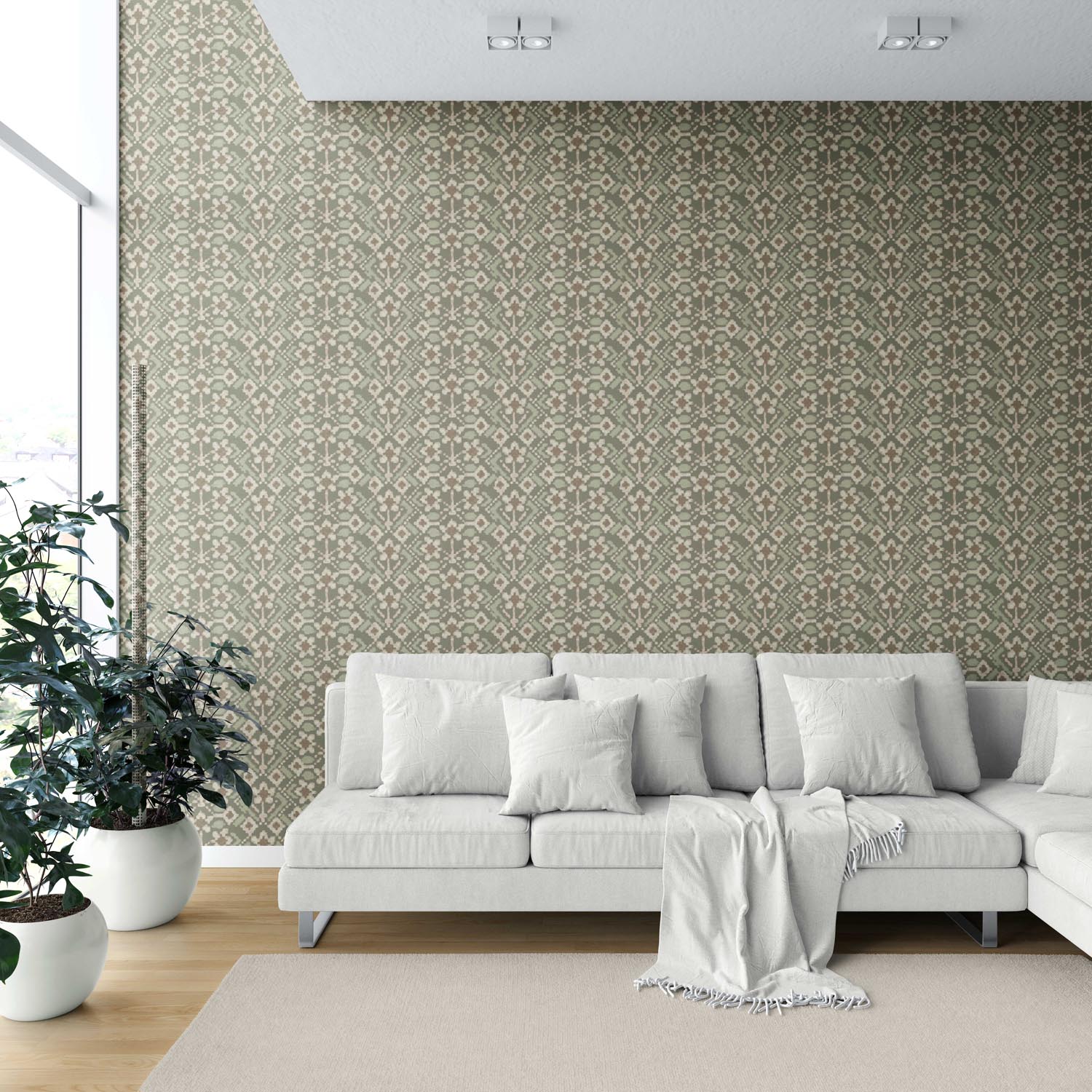 Modern Botanical Floral Shower Toilet Wallpaper (Olive Green/ Beige)