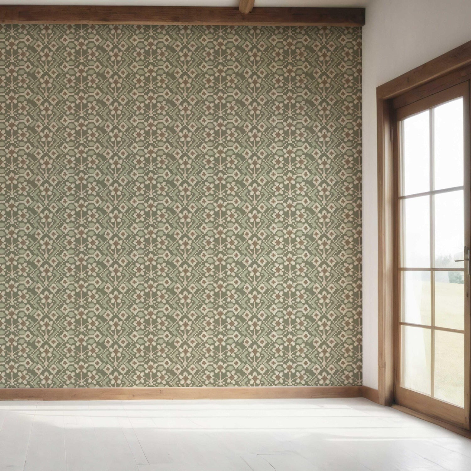 Modern Botanical Floral Bedroom Wallpaper (Olive Green/ Beige)