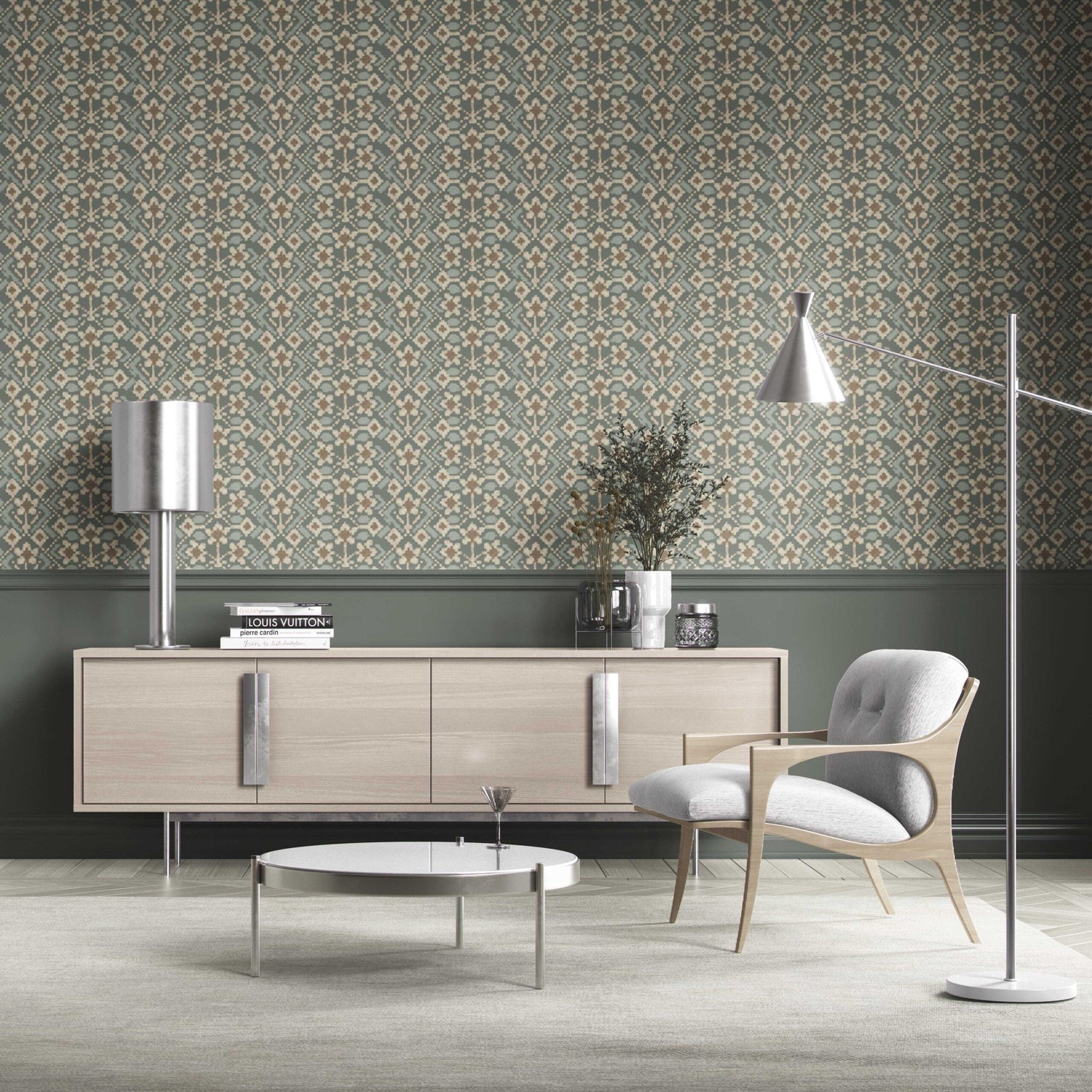 Modern Botanical Floral Kitchen Wallpaper (Forest Green / Beige)