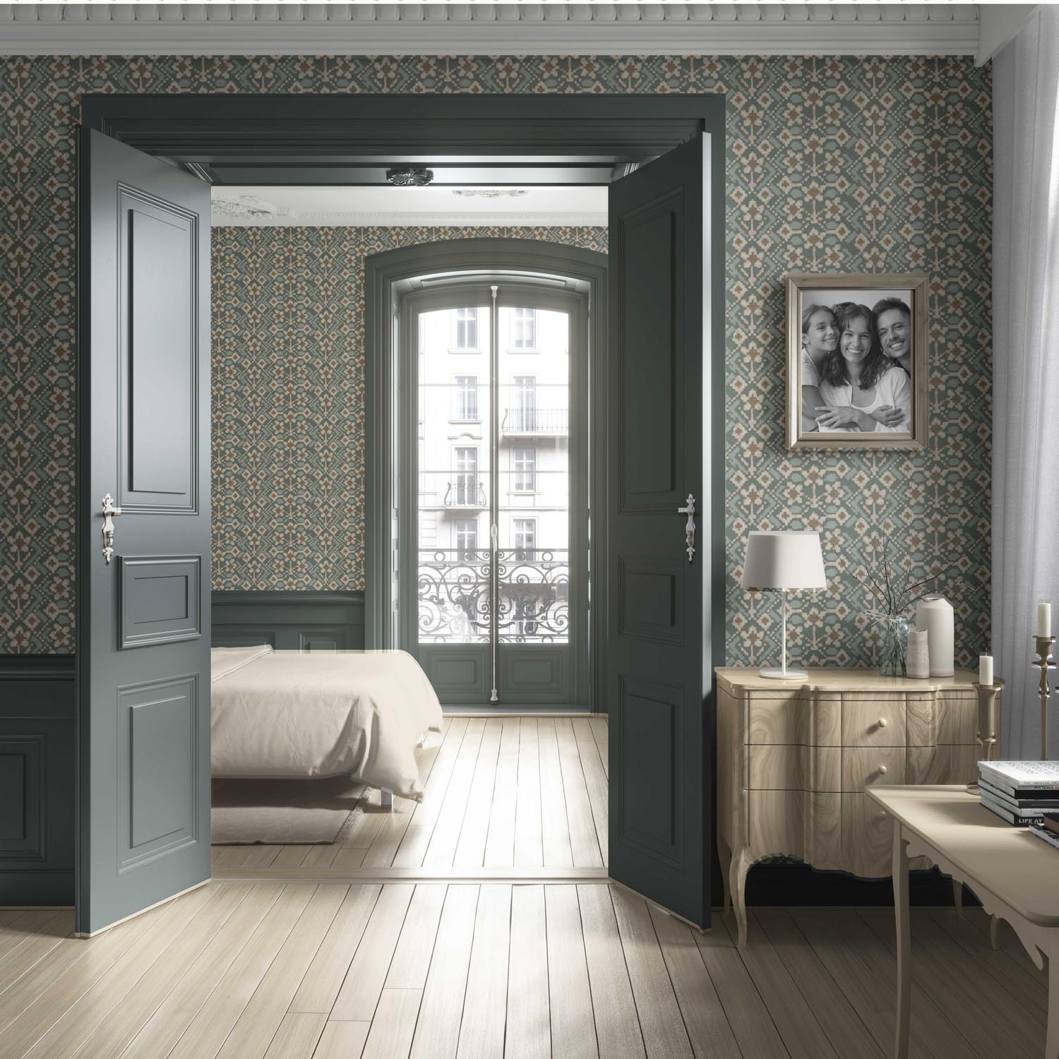 Modern Botanical Floral Living Room Wallpaper (Forest Green / Beige)