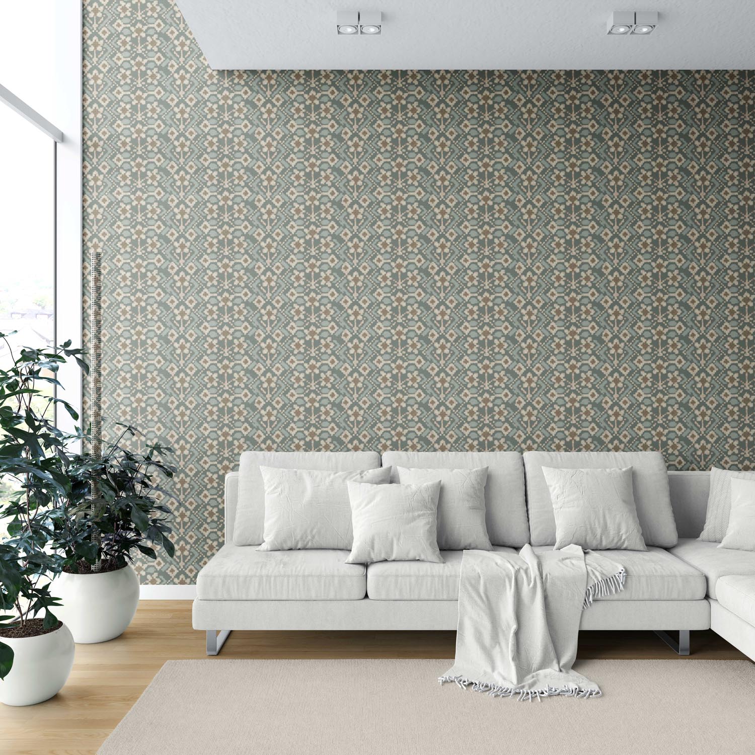 Modern Botanical Floral Shower Toilet Wallpaper (Forest Green / Beige)