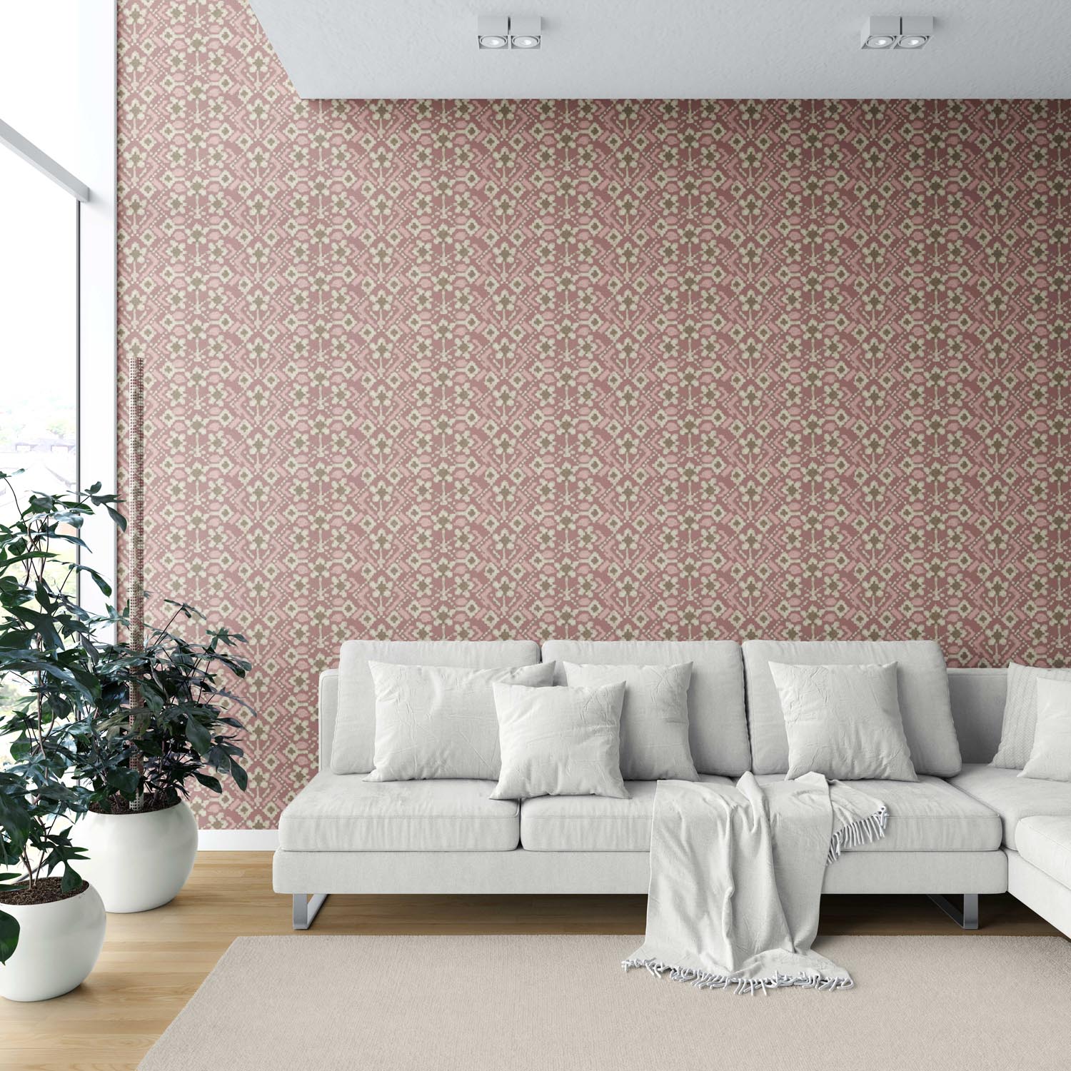 Modern Botanical Floral Shower Toilet Wallpaper (Peach/ Dusky Pink/ Beige)