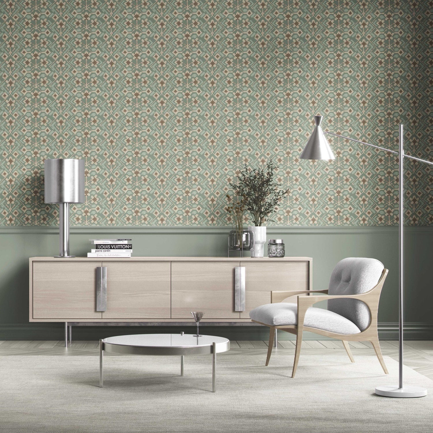 Modern Botanical Floral Kitchen Wallpaper (Sage Green/ Beige)