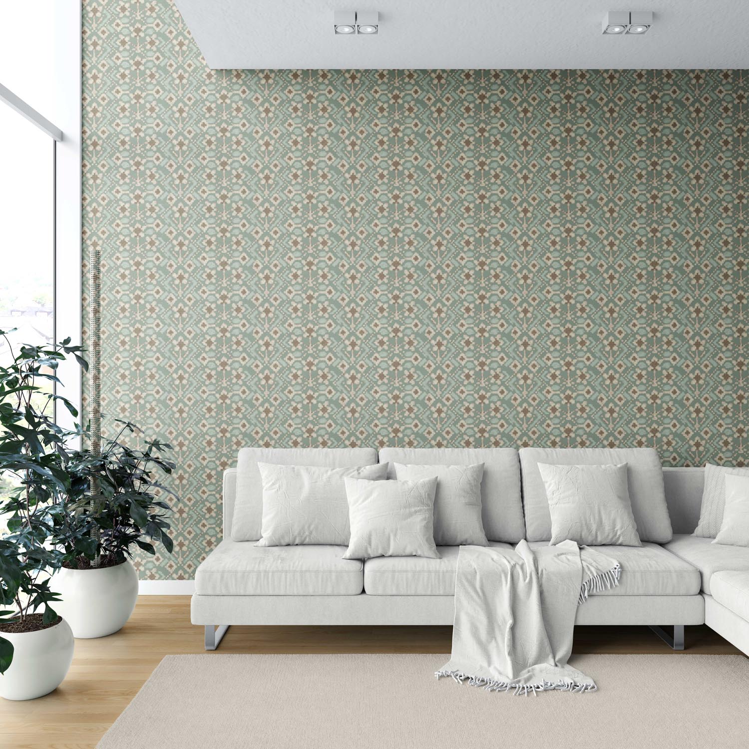 Modern Botanical Floral Shower Toilet Wallpaper (Sage Green/ Beige)