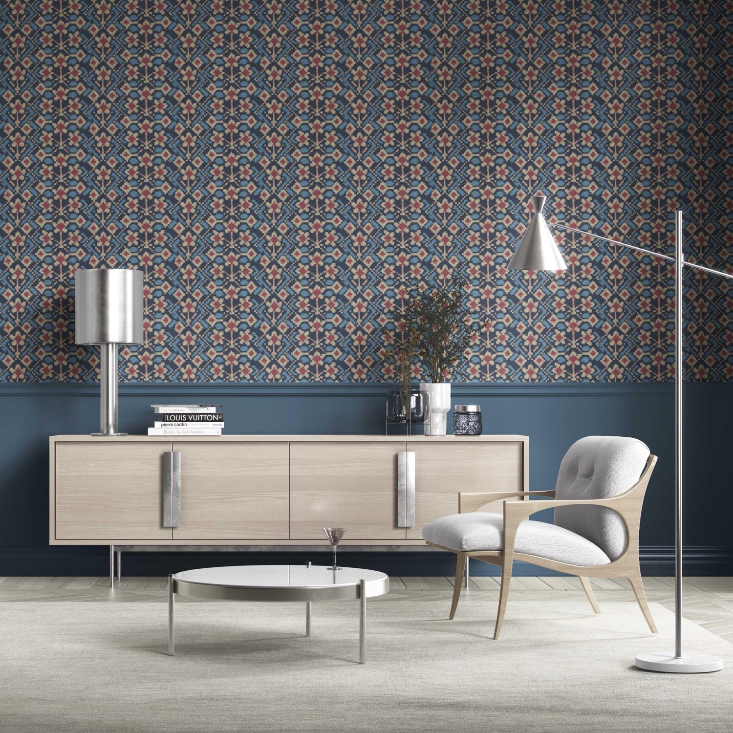 Modern Botanical Floral Kitchen Wallpaper (Navy Blue/ Pink/ Beige)