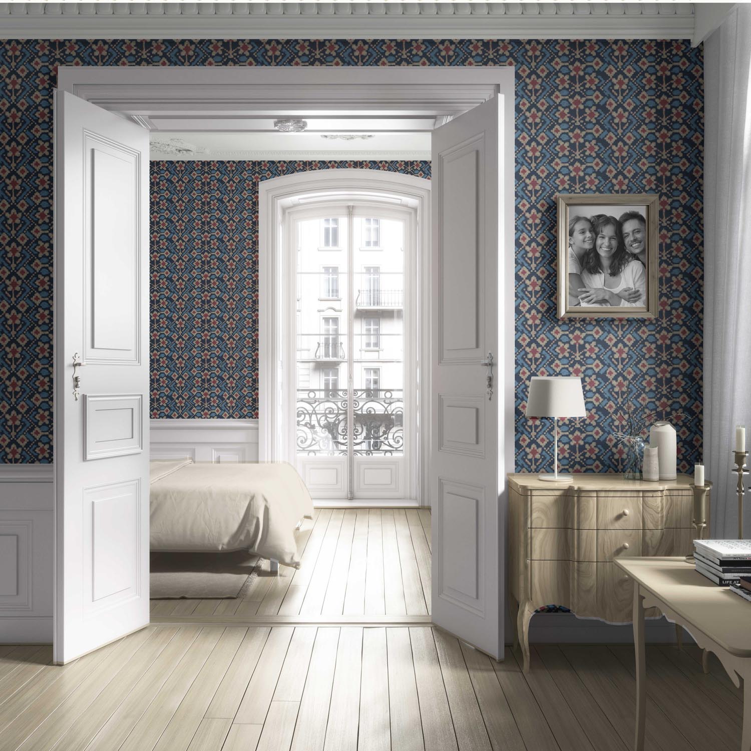 Modern Botanical Floral Living Room Wallpaper (Navy Blue/ Pink/ Beige)