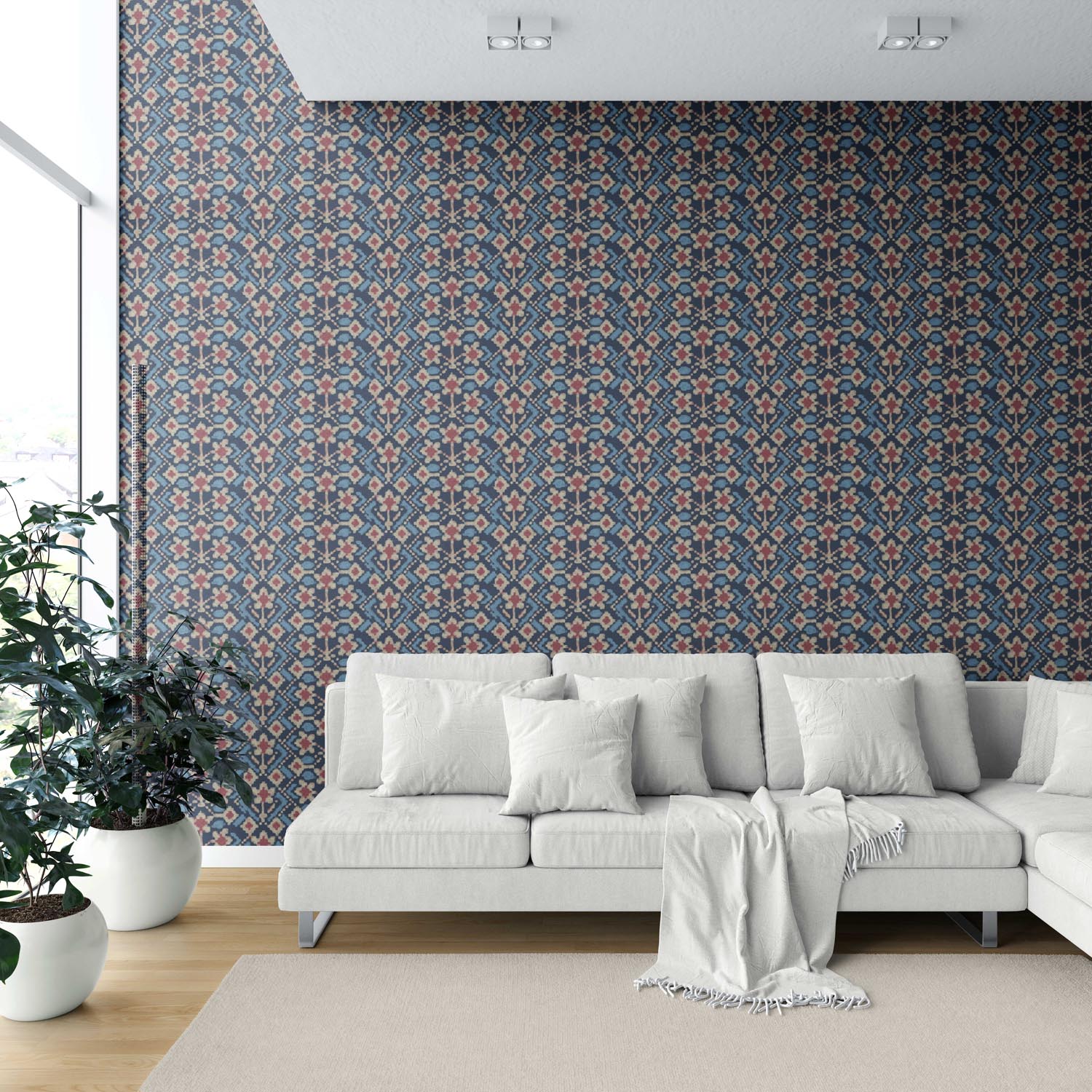 Modern Botanical Floral Shower Toilet Wallpaper (Navy Blue/ Pink/ Beige)