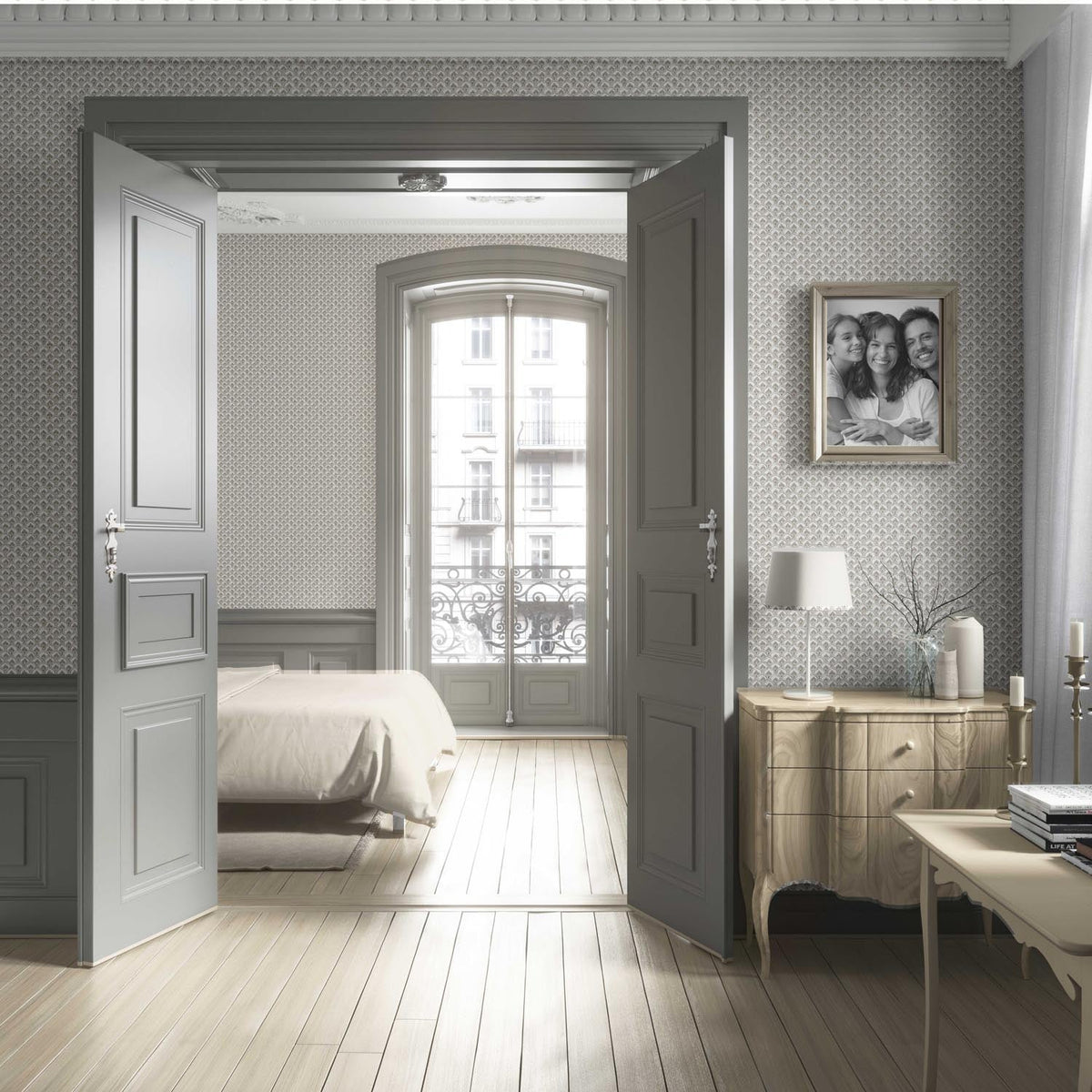 Small-Scale Floral Lattice Living Room Wallpaper (Beige/ Gray/ White/ Taupe)