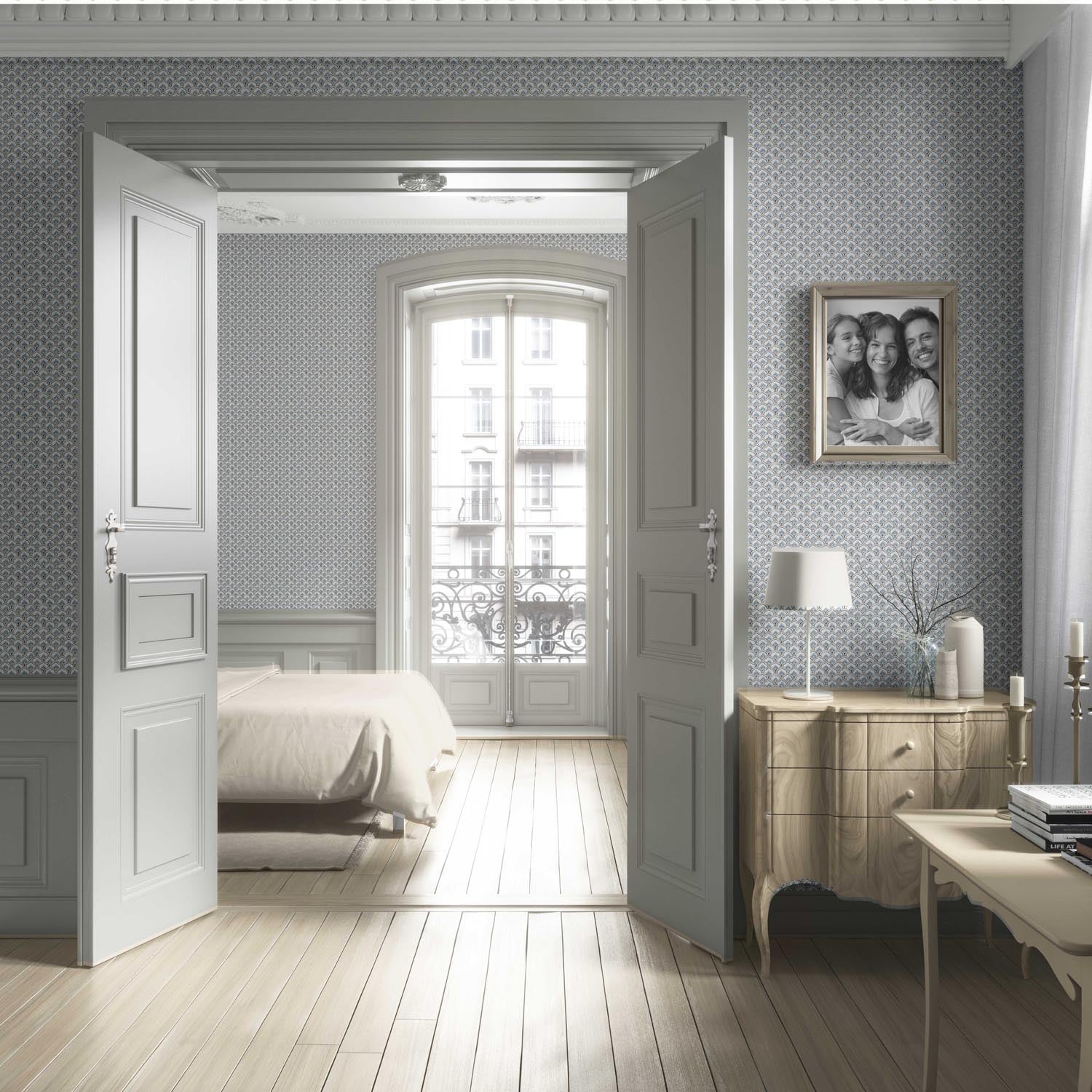 Small-Scale Floral Lattice Living Room Wallpaper (Blue/ Gray/ White)