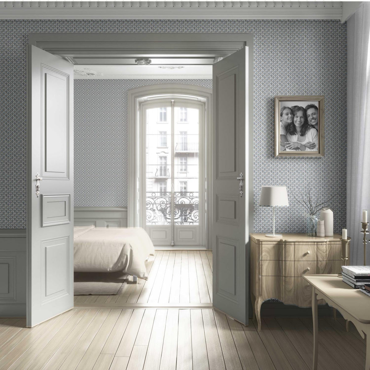 Small-Scale Floral Lattice Living Room Wallpaper (Blue/ Gray/ White)