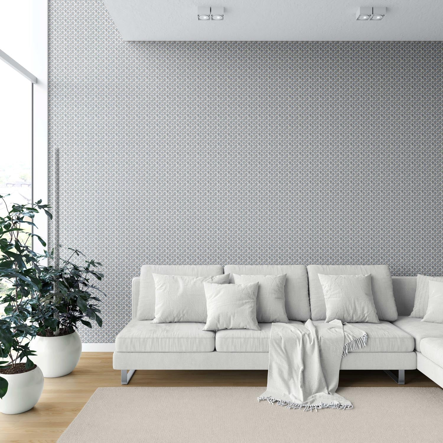 Small-Scale Floral Lattice Shower Toilet Wallpaper (Blue/ Gray/ White)