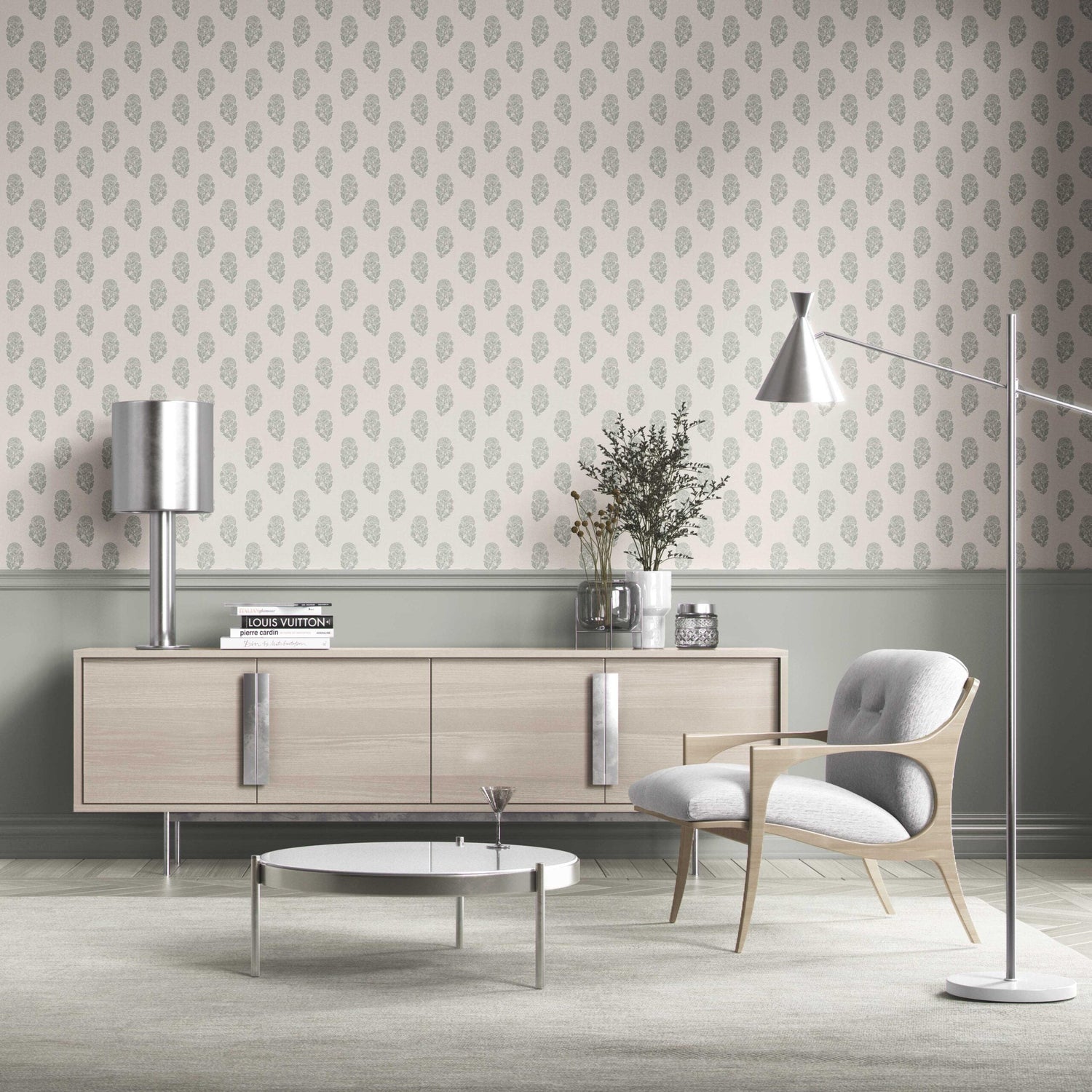 Neutral Botanical/ Floral Block Print Kitchen Wallpaper (Green-Gray/ Cream)