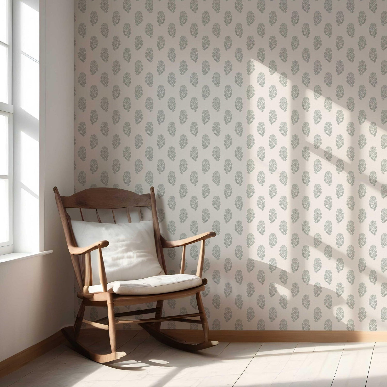 Neutral Botanical/ Floral Block Print Nursery Wallpaper (Green-Gray/ Cream)