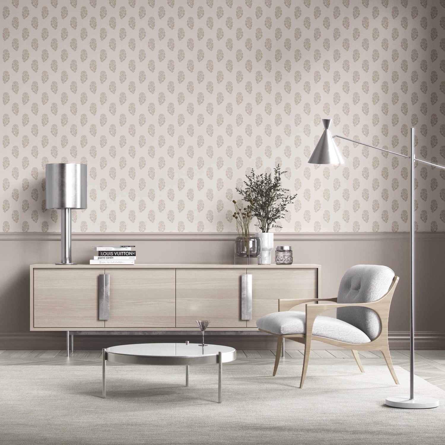 Neutral Botanical/ Floral Block Print Kitchen Wallpaper (Beige/ Greige/ Cream)