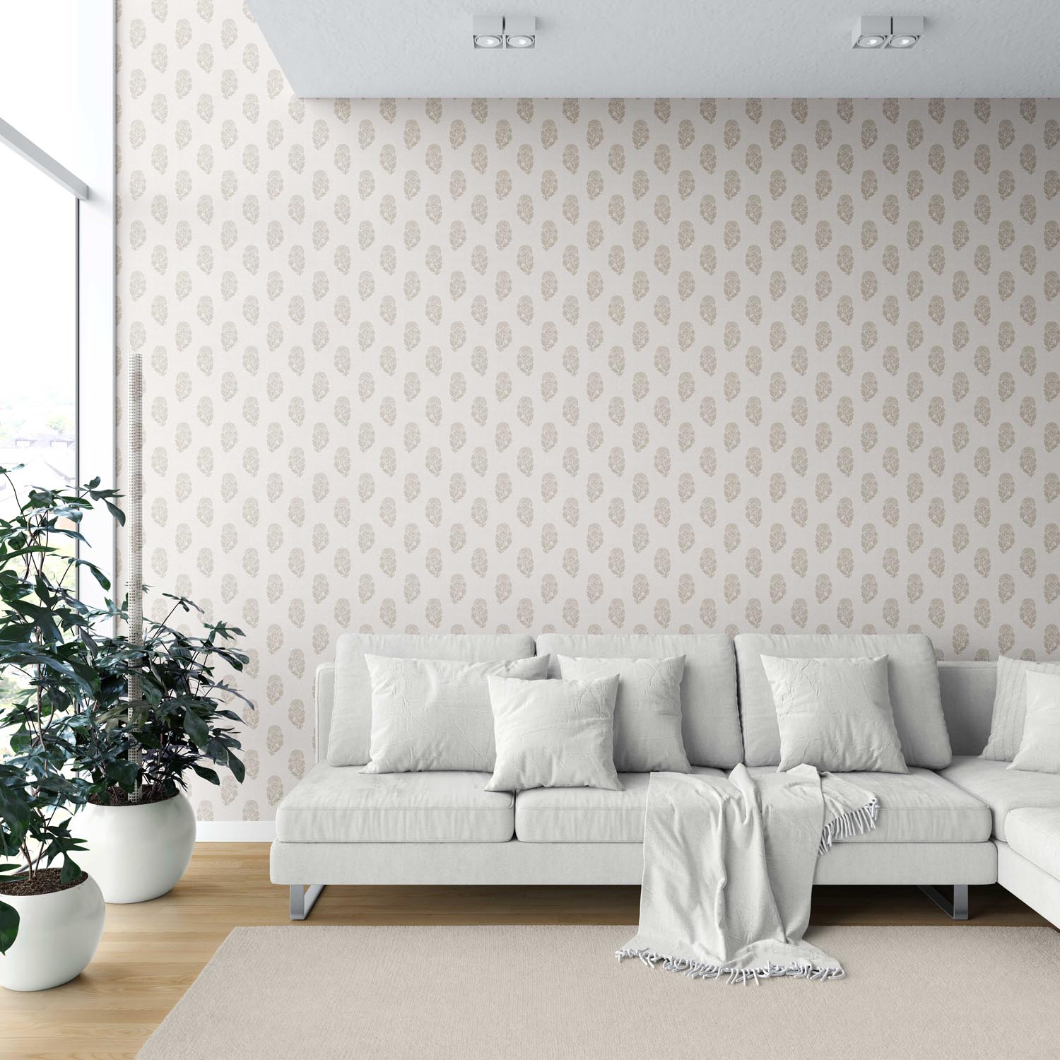 Neutral Botanical/ Floral Block Print Shower Toilet Wallpaper (Beige/ Greige/ Cream)