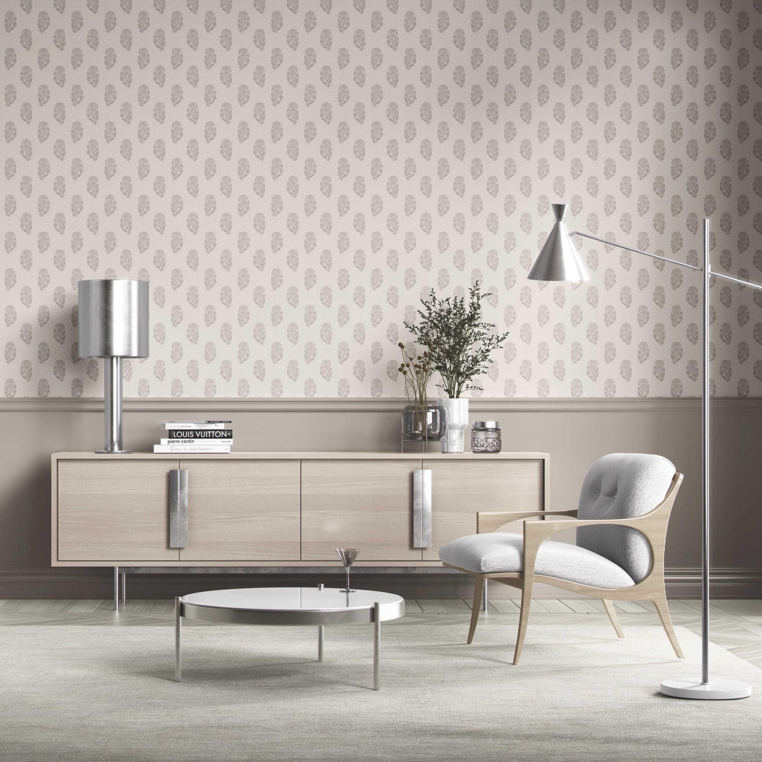 Neutral Botanical/ Floral Block Print Kitchen Wallpaper (Gray/ Soft Taupe/ Cream)