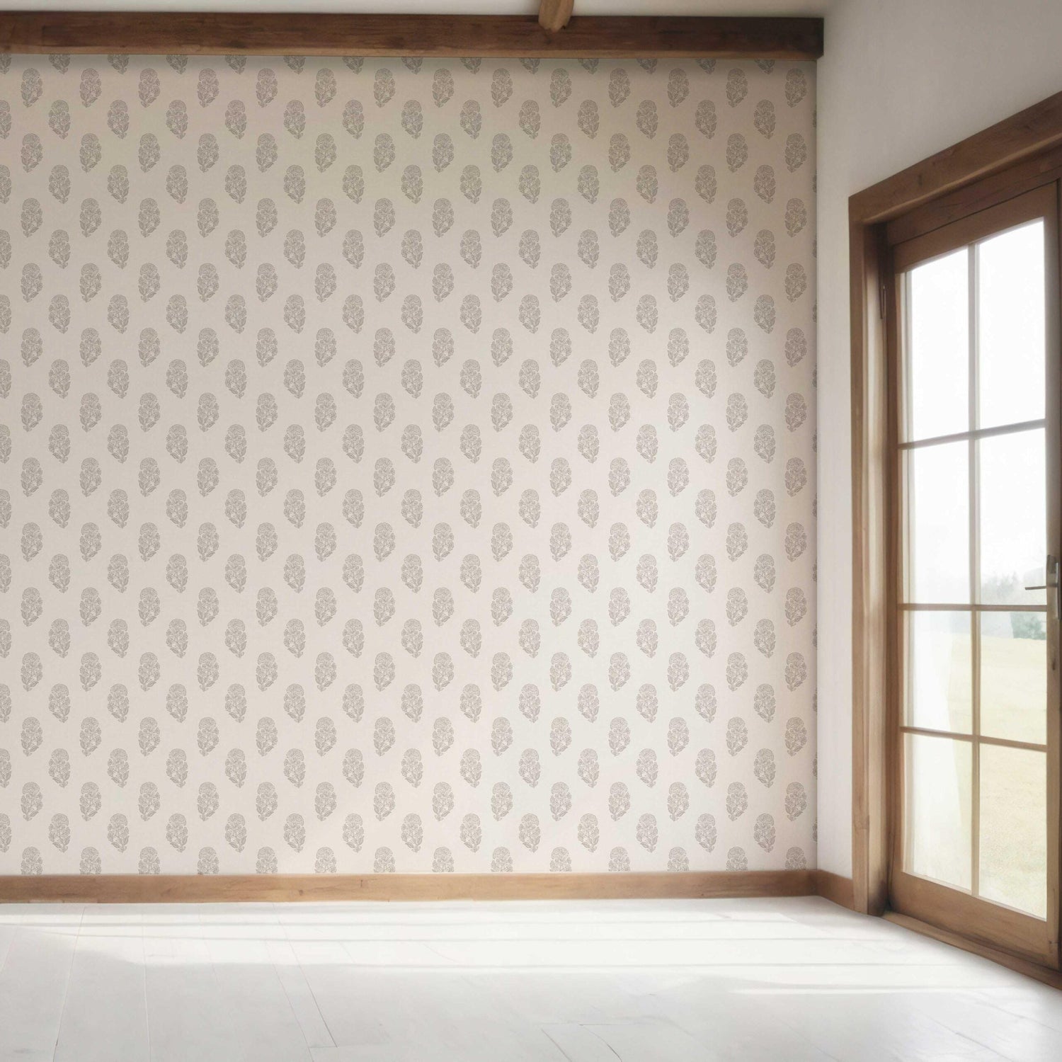 Neutral Botanical/ Floral Block Print Bedroom Wallpaper (Gray/ Soft Taupe/ Cream)