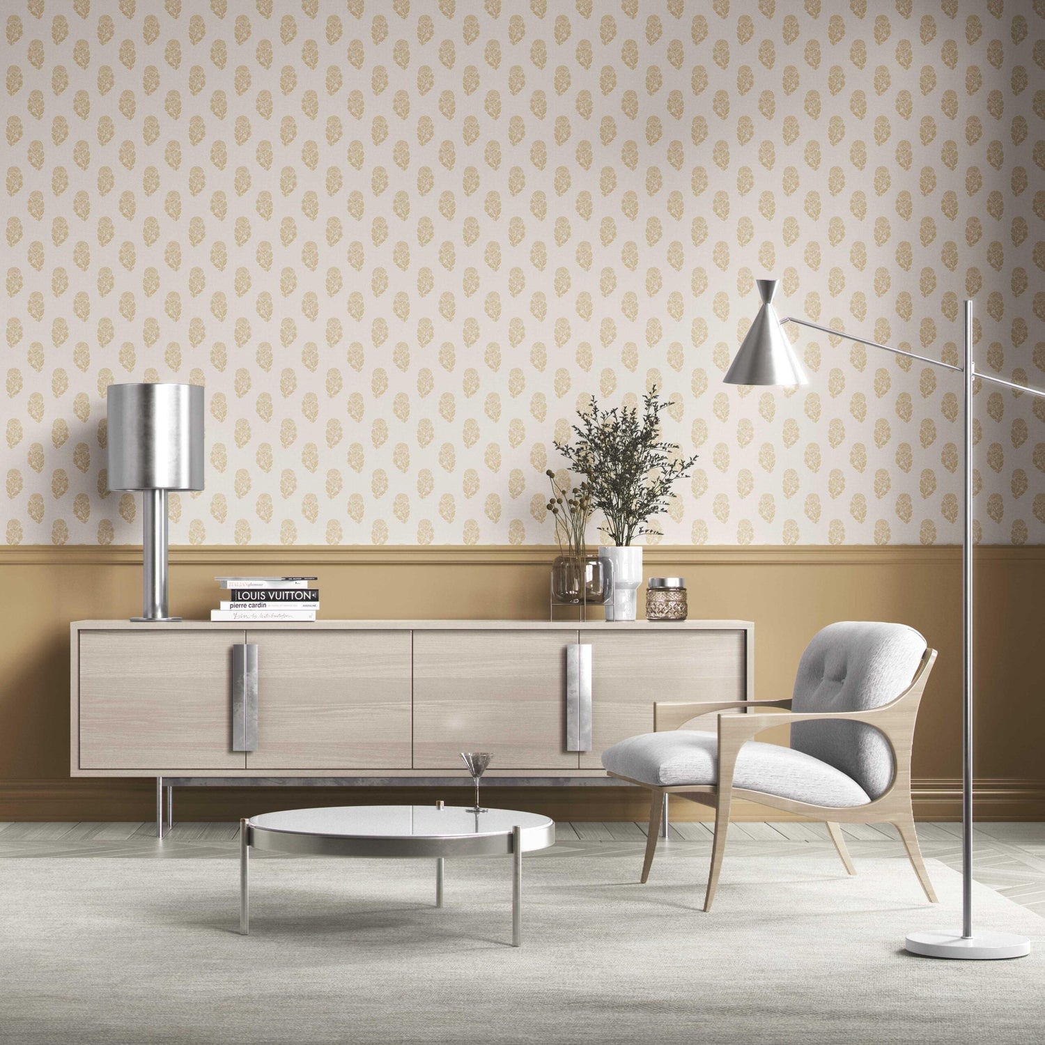 Botanical/ Floral Block Print Kitchen Wallpaper (Yellow/ Cream)