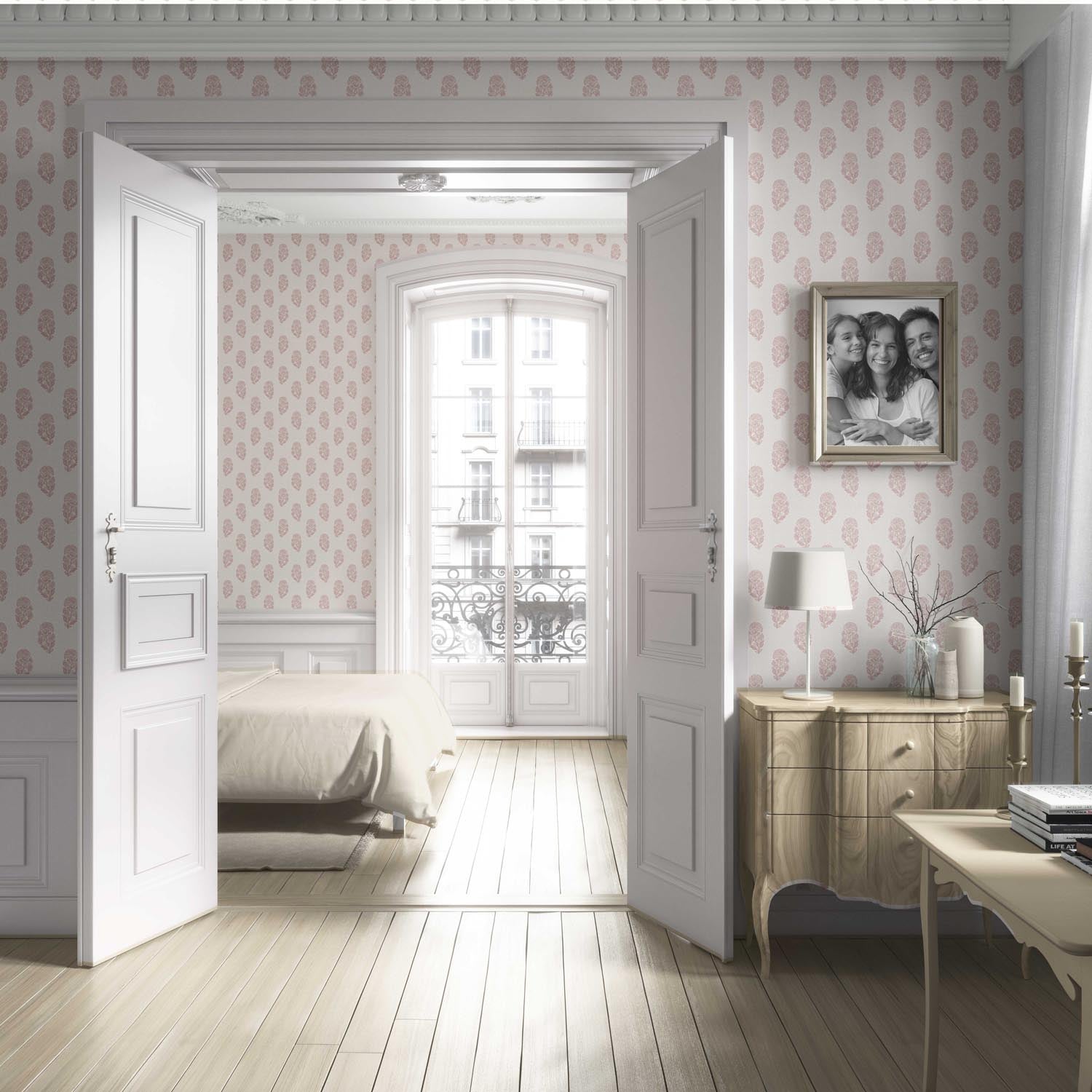 Botanical/ Floral Block Print Living Room Wallpaper (Pink/ Cream)