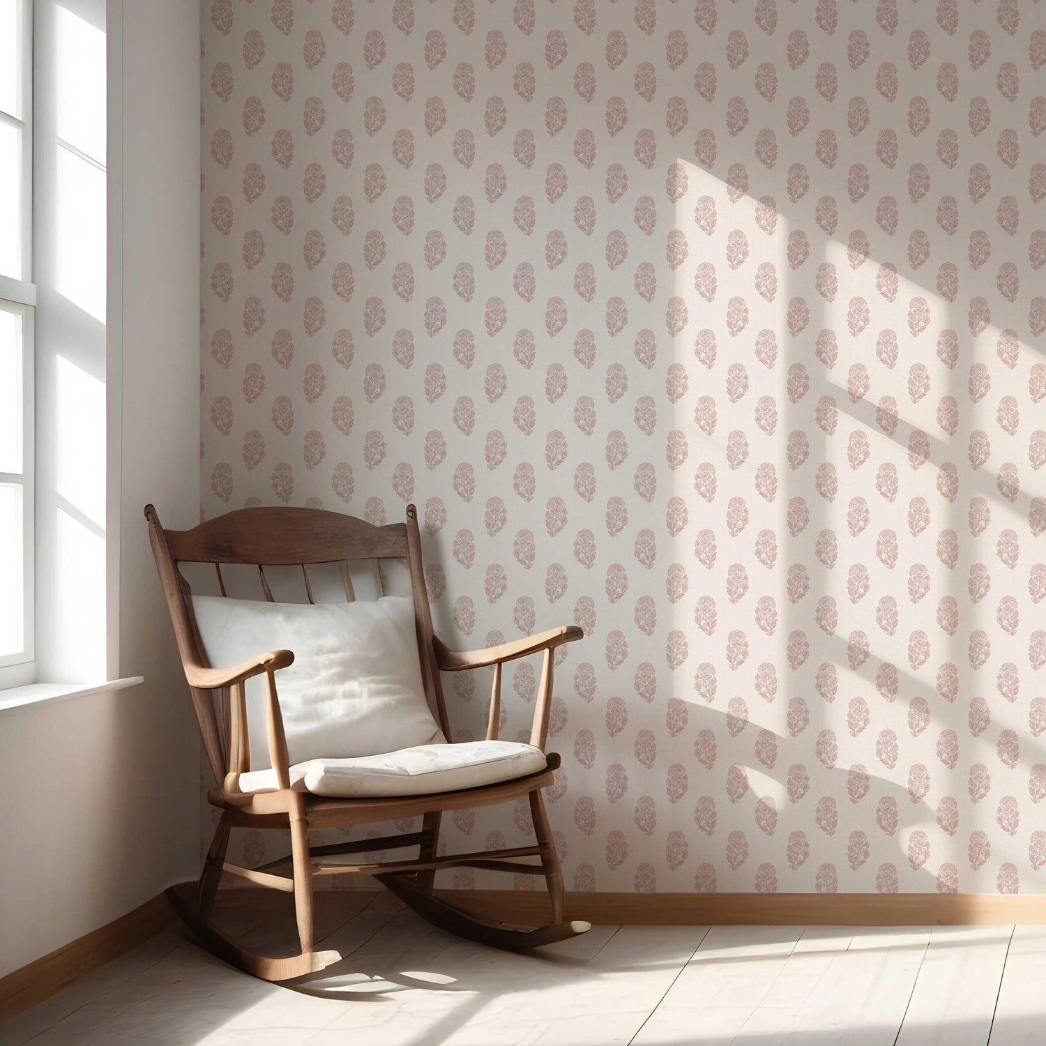 Botanical/ Floral Block Print Nursery Wallpaper (Pink/ Cream)