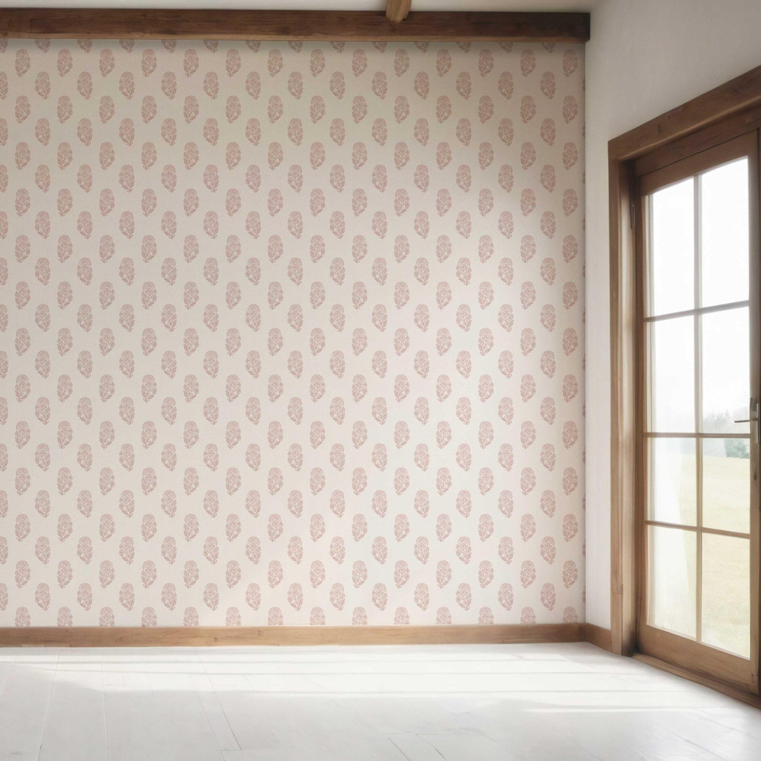 Botanical/ Floral Block Print Bedroom Wallpaper (Pink/ Cream)