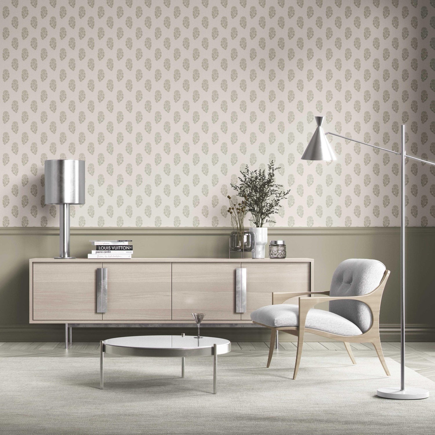 Botanical/ Floral Block Print Kitchen Wallpaper (Olive Green/ Cream)