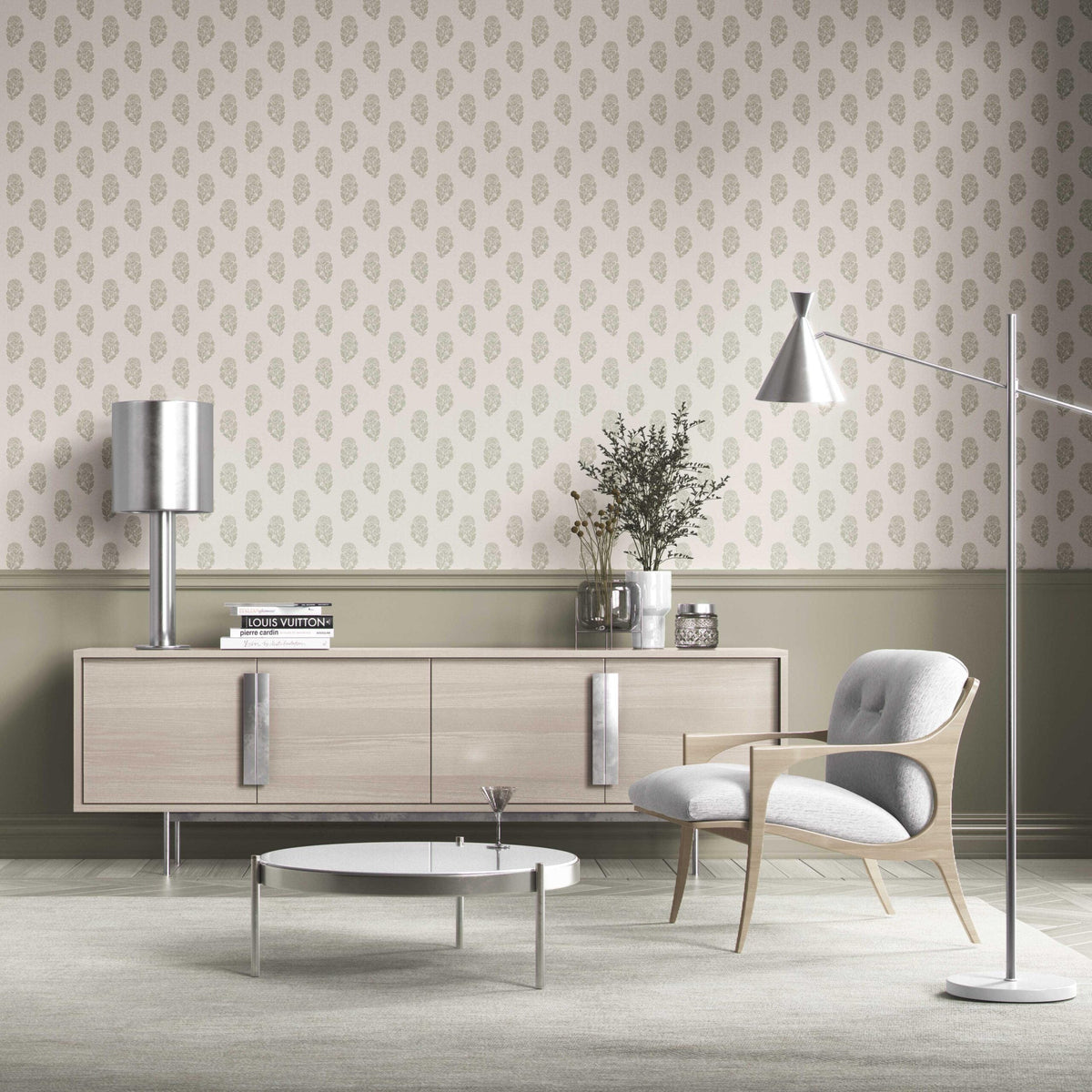 Botanical/ Floral Block Print Kitchen Wallpaper (Olive Green/ Cream)