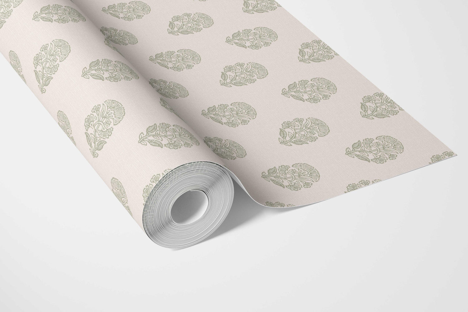 Botanical/ Floral Block Print Bathroom Wallpaper (Olive Green/ Cream)