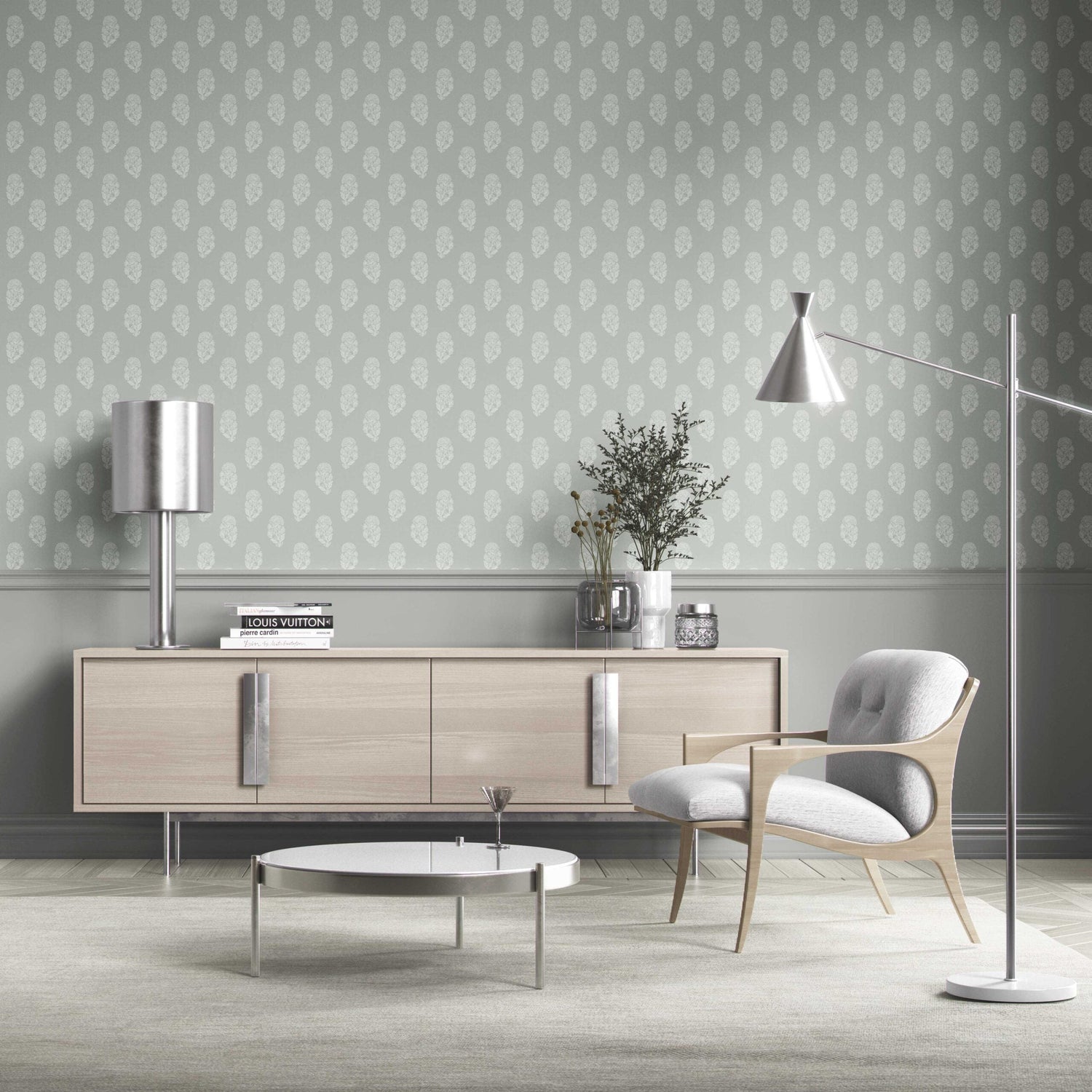 Neutral Botanical/ Floral Block Print Kitchen Wallpaper (Green-Gray)