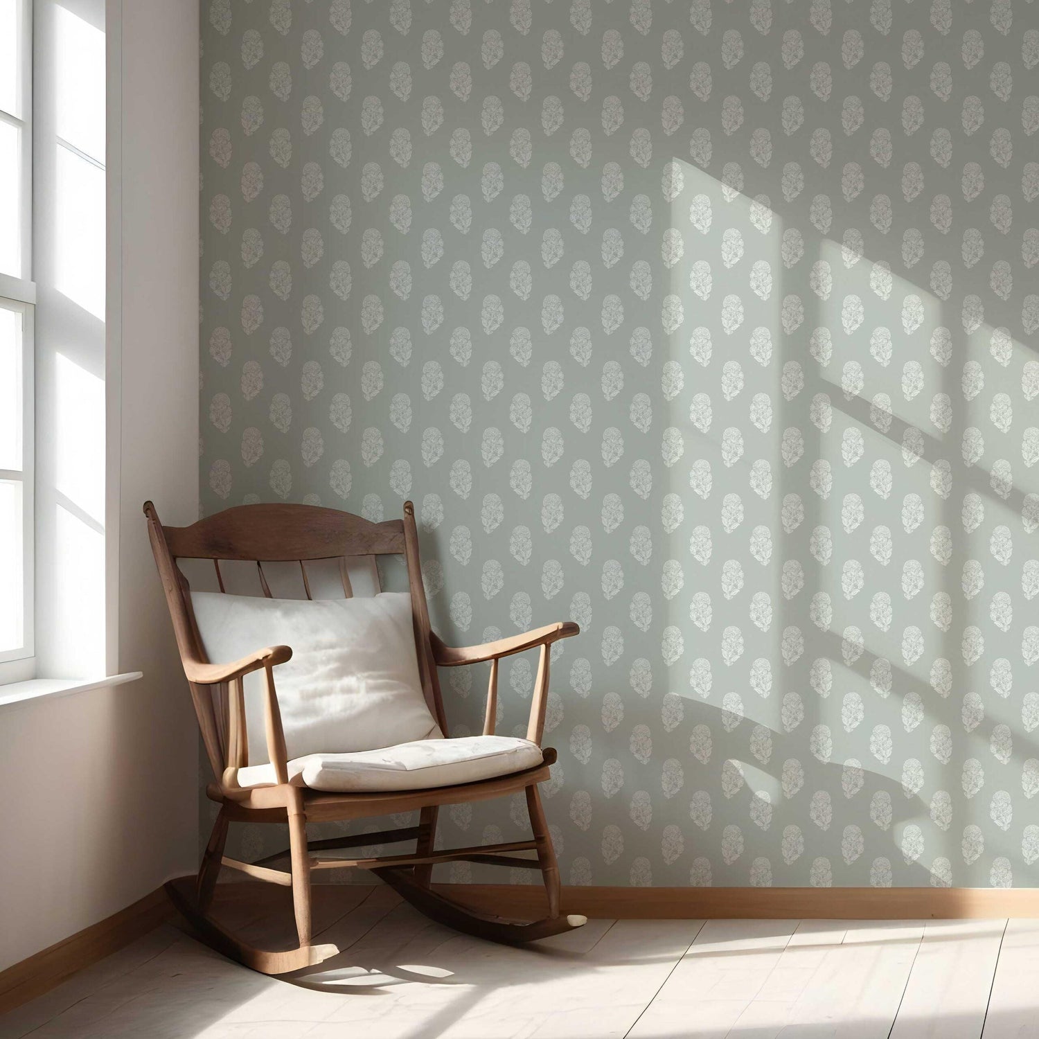 Neutral Botanical/ Floral Block Print Nursery Wallpaper (Green-Gray)