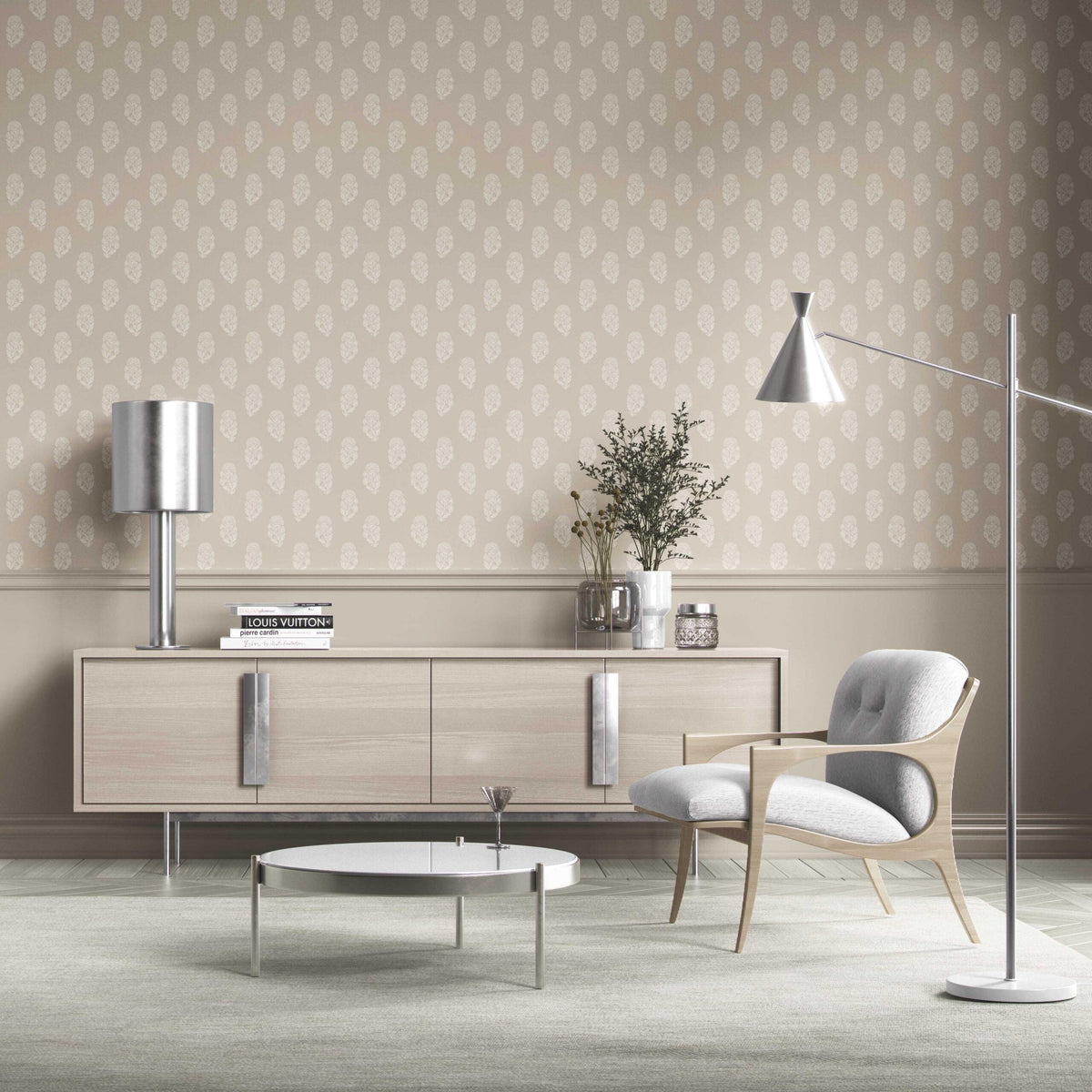 Neutral Botanical/ Floral Block Print Kitchen Wallpaper (Beige/ White)