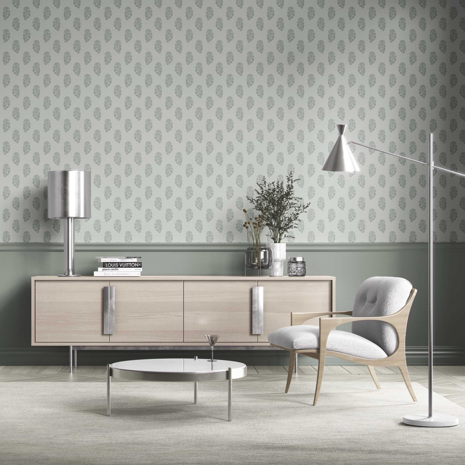 Botanical/ Floral Block Print Kitchen Wallpaper (Sage Gray-Blue)