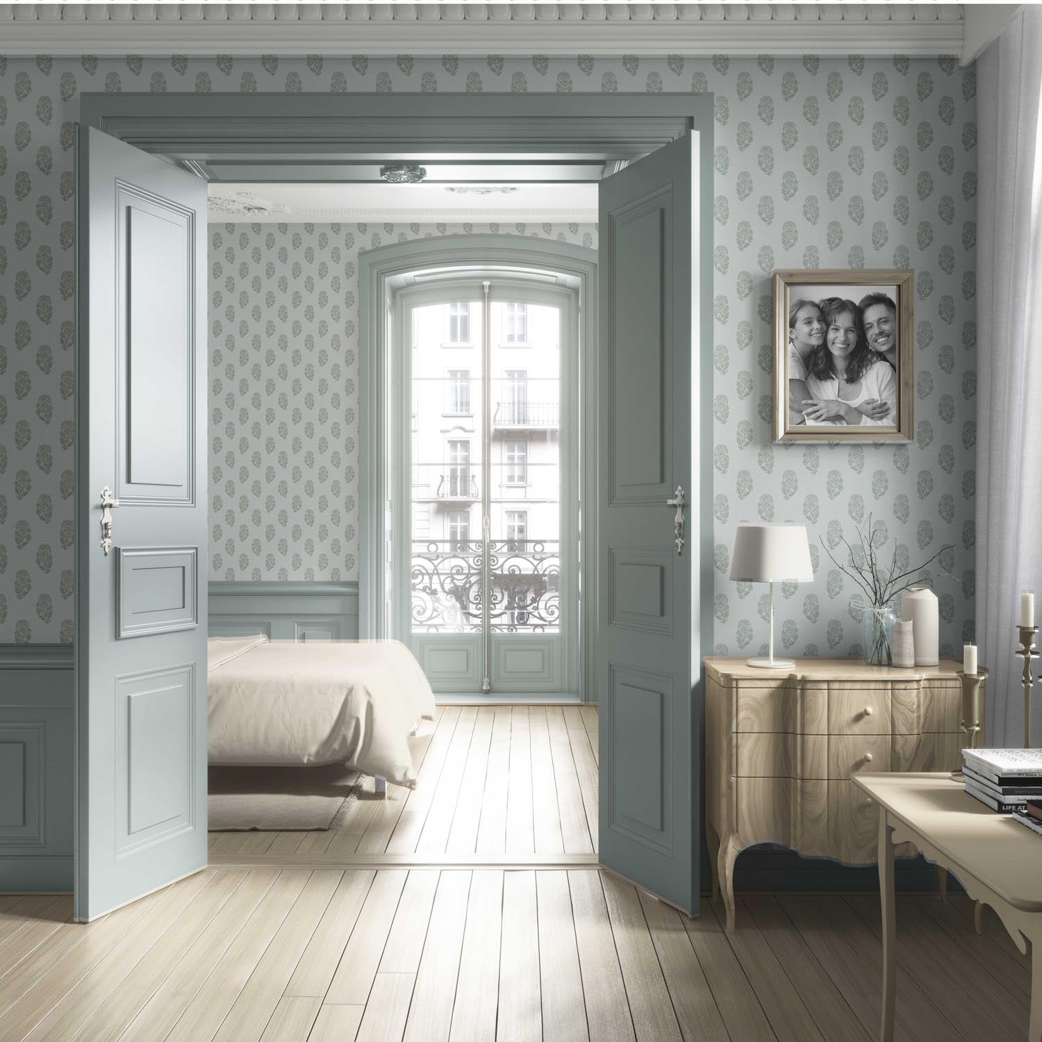 Botanical/ Floral Block Print Living Room Wallpaper (Sage Gray-Blue)